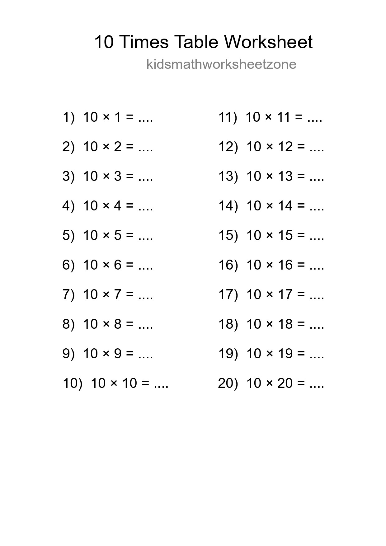 10 Times Table Worksheet For Grade 3 - Part 185