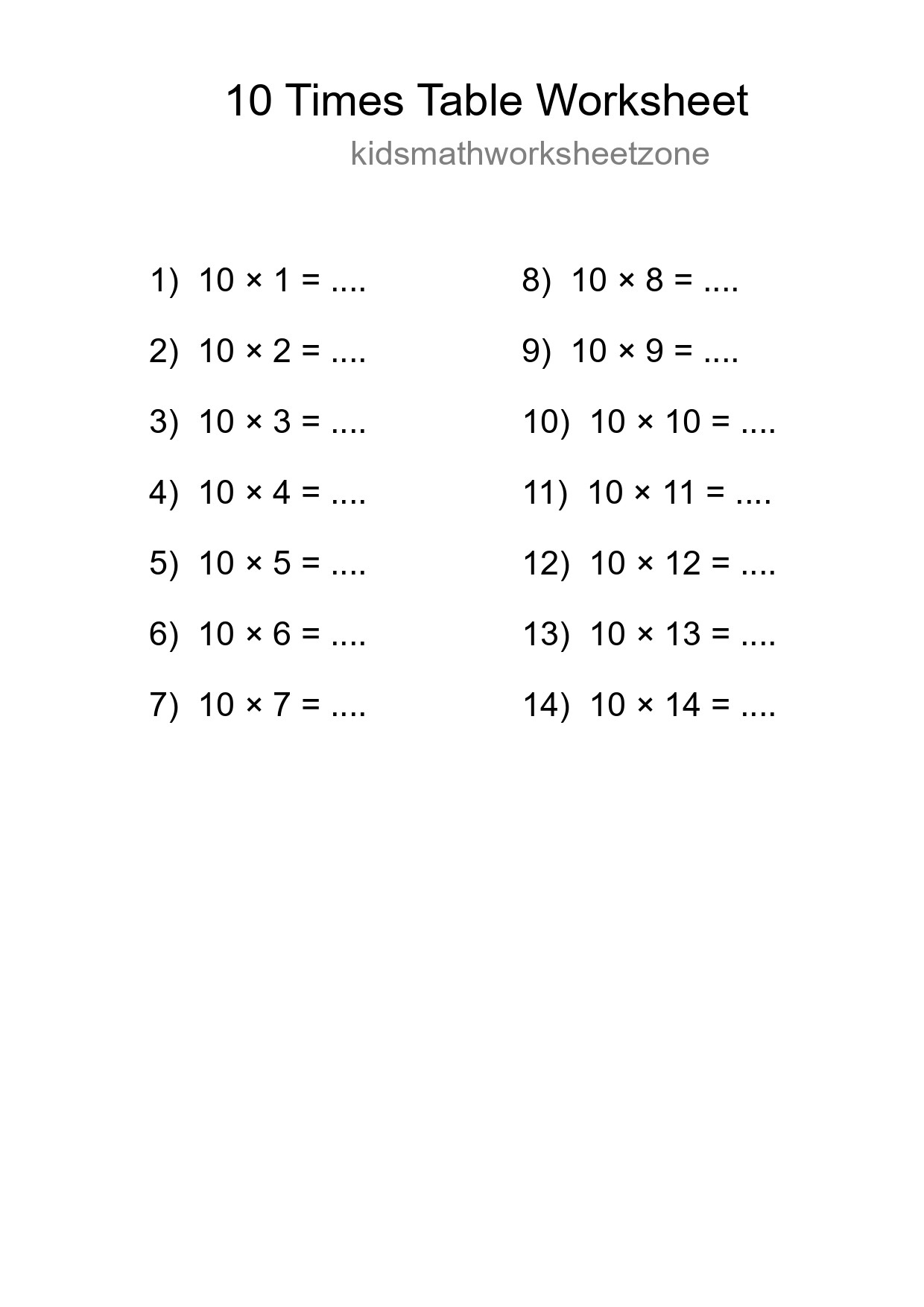 10 Times Table Worksheet For Grade 3 - Part 64