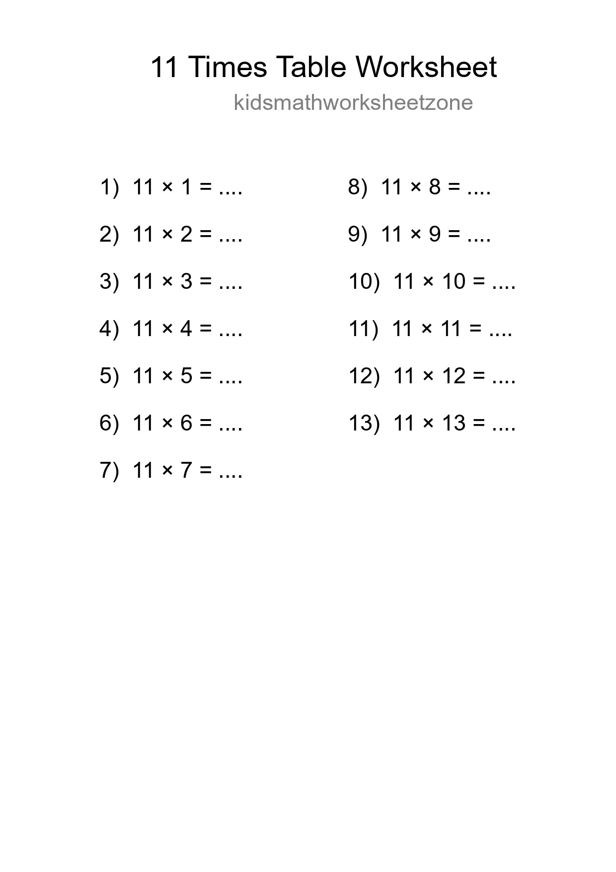 11 Times Table Worksheet For Grade 4 - Part 273