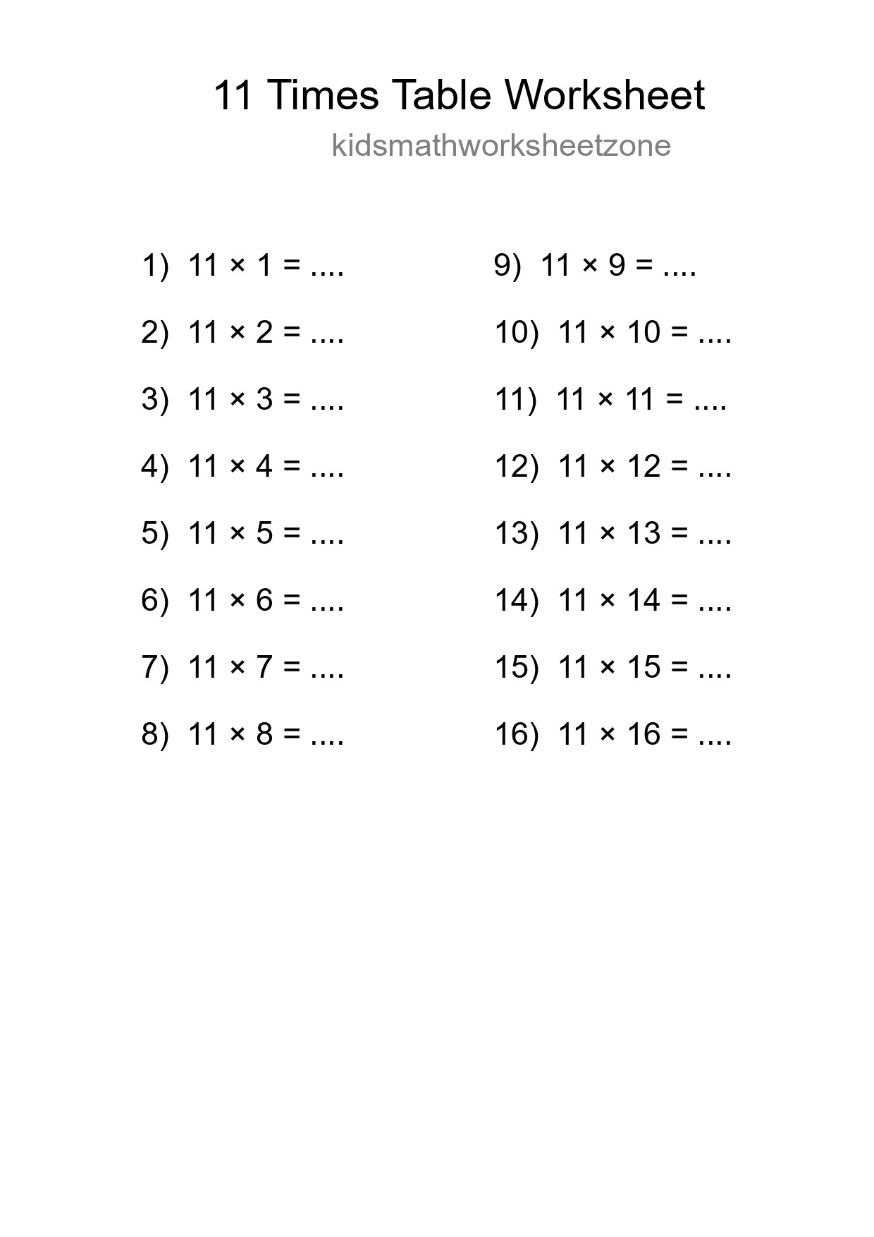 11 Times Table Worksheet For Grade 4 - Part 284