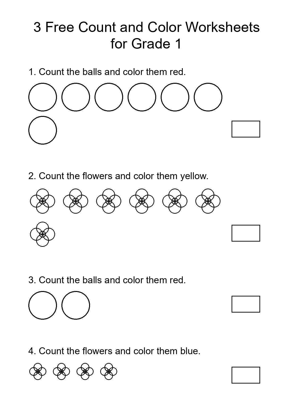 3 Free Count and Color Worksheets for Grade 1