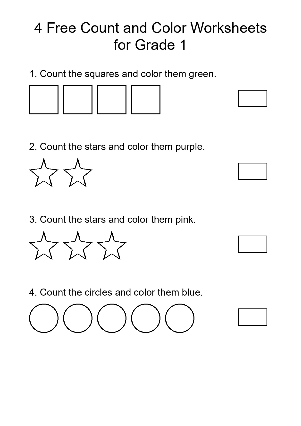 4 Free Count and Color Worksheets for Grade 1