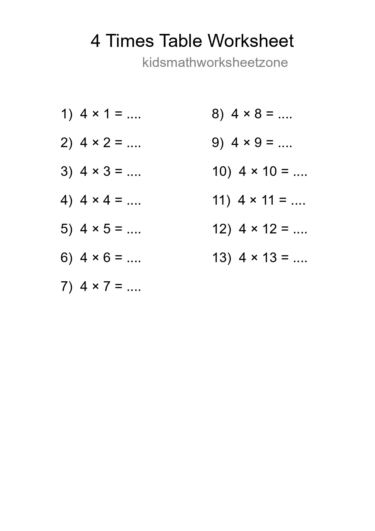4 Times Table Worksheet For Grade 2 - Part 207
