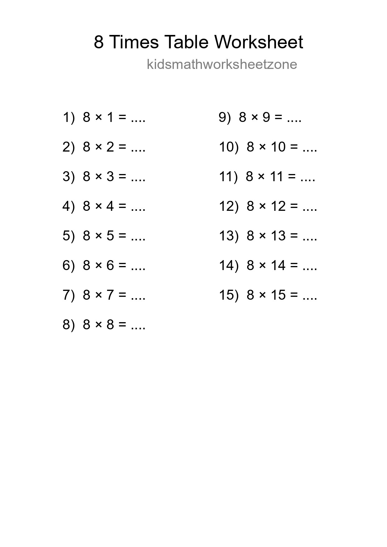 8 Times Table Worksheet For Grade 3 With Answers - Part 53