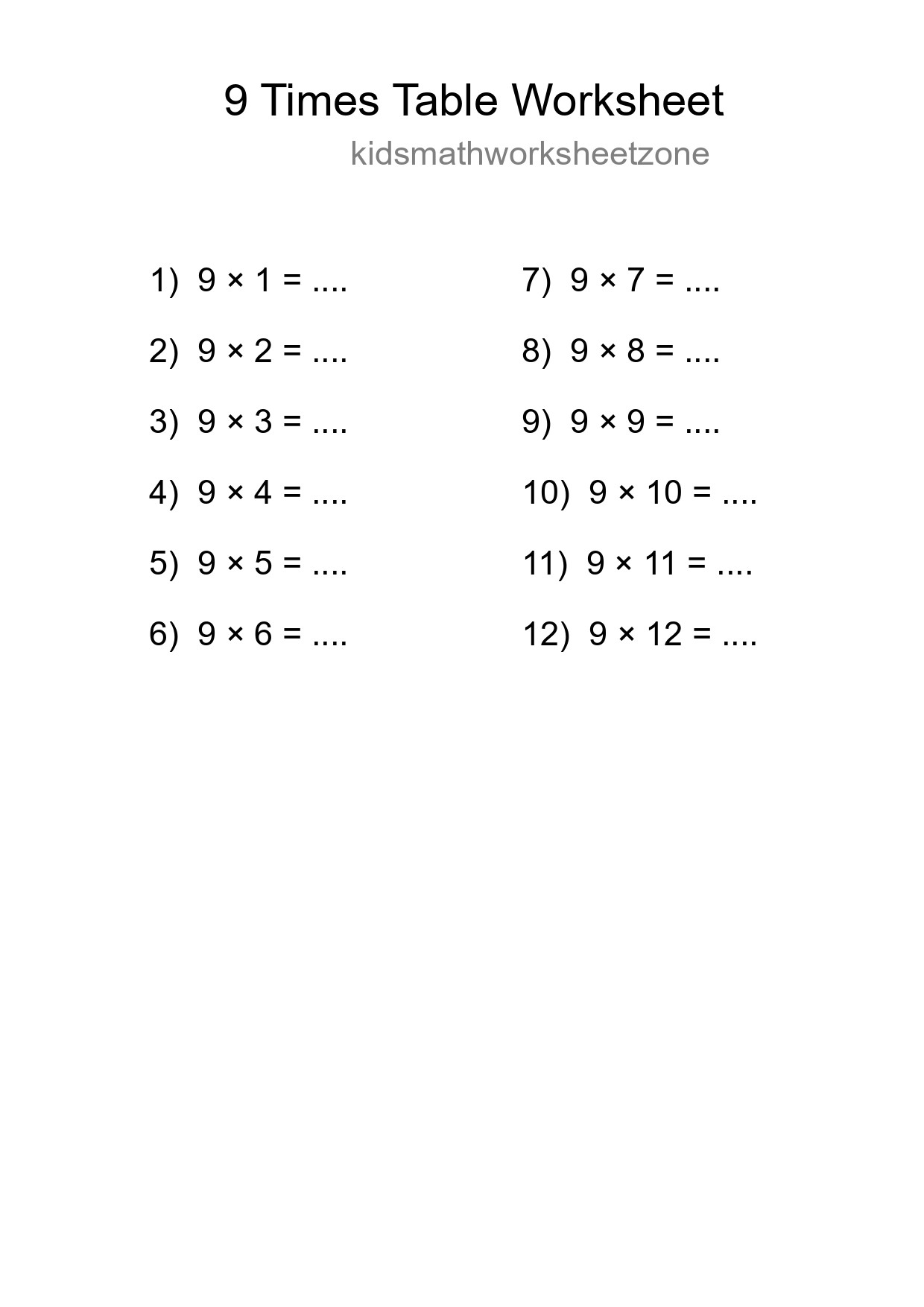 9 Times Table Worksheet For Grade 3 - Part 251