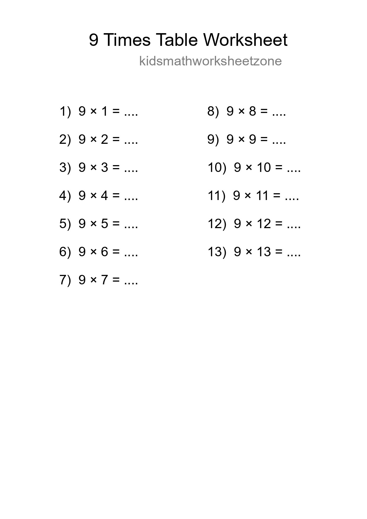 9 Times Table Worksheet For Grade 3 With Answers - Part 174