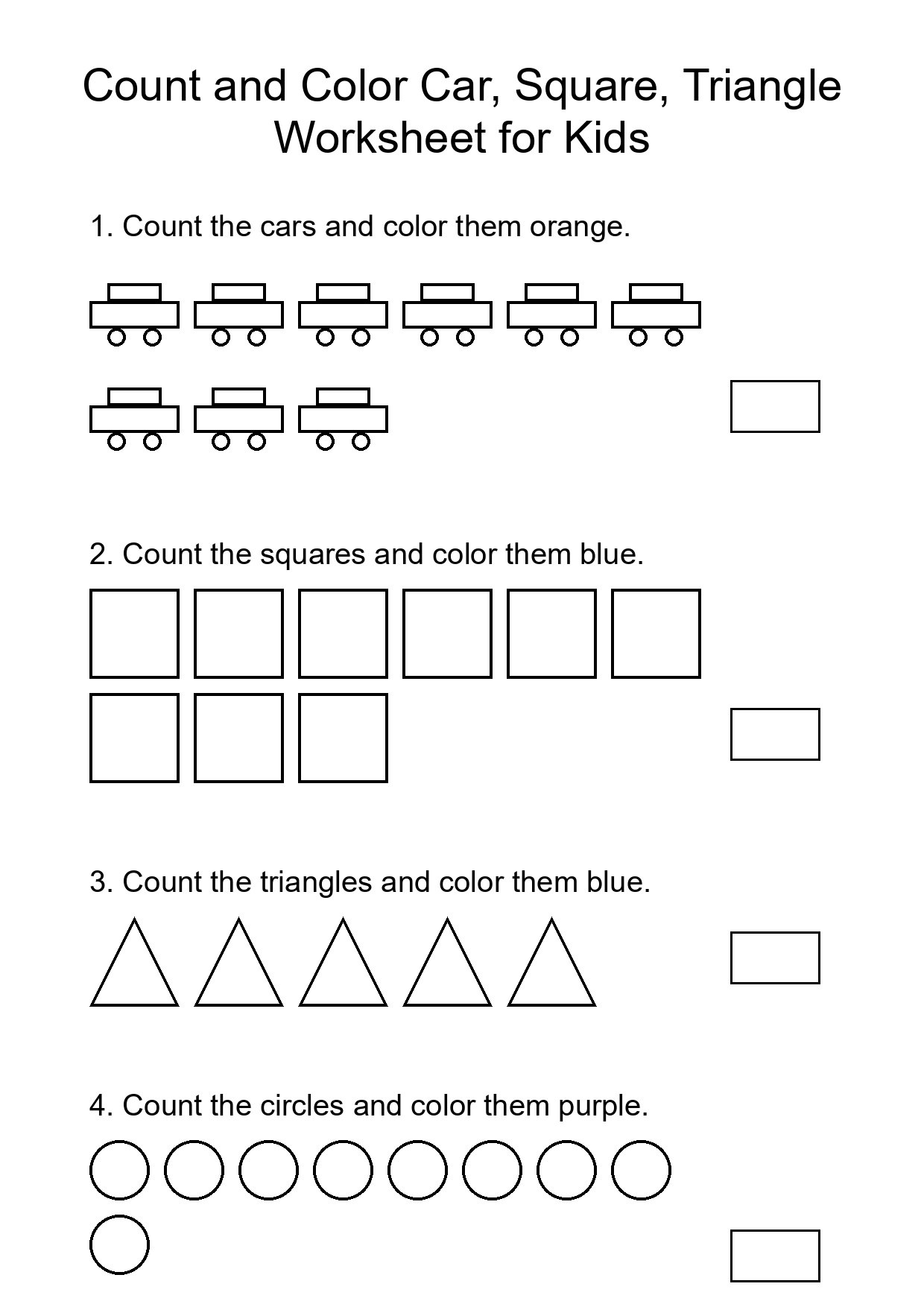 Count and Color Car, Square, Triangle Worksheet for Kids