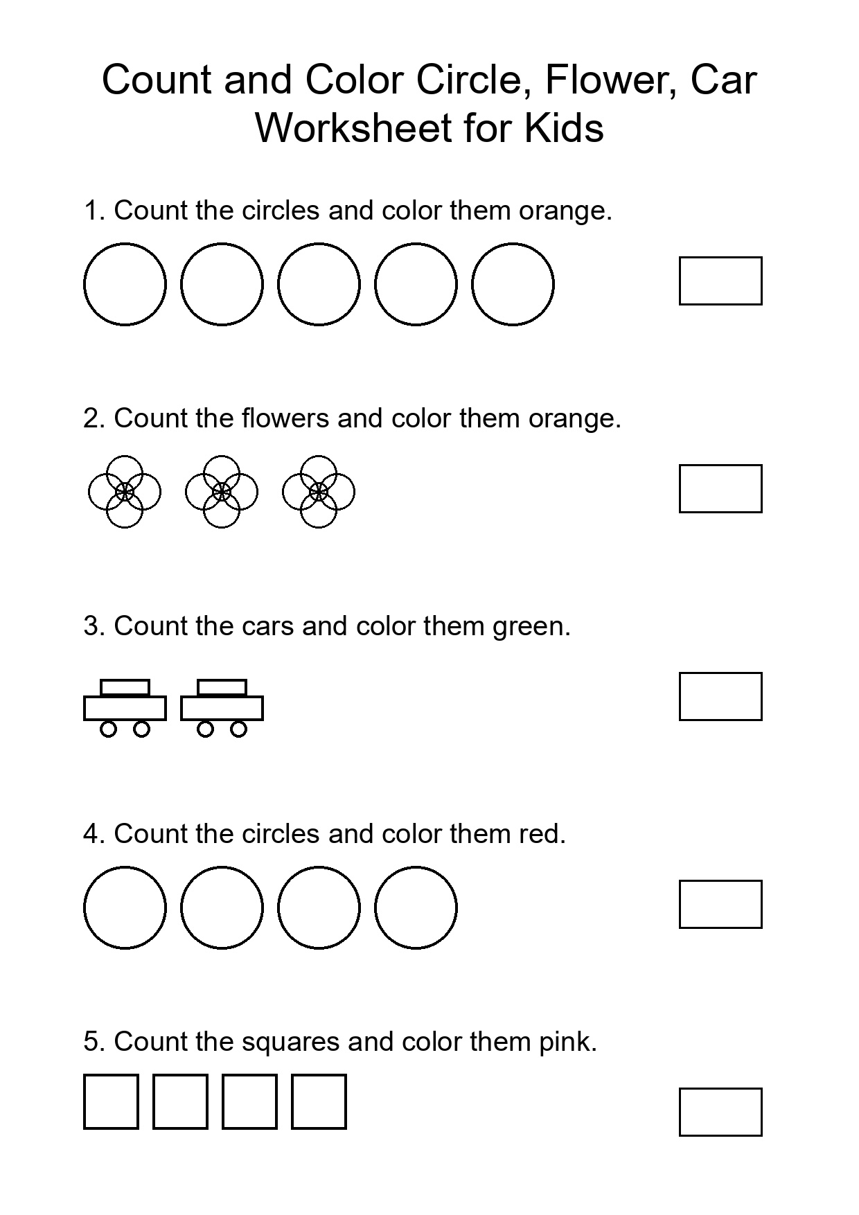 Count and Color Circle, Flower, Car Worksheet for Kids