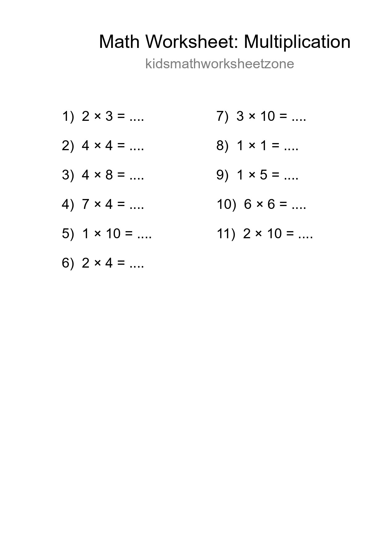 Free 11 Multiplication Math Worksheet For Grade 1 With Answers - Part 216