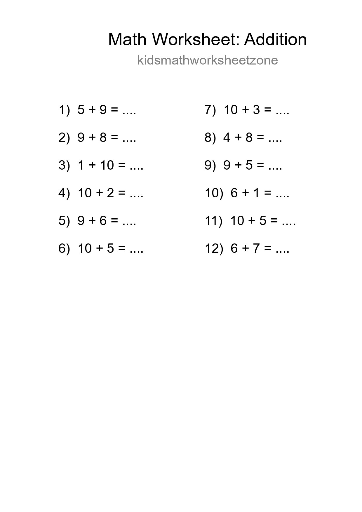 Free 12 Addition Math Worksheet For Grade 1 With Answers - Part 199