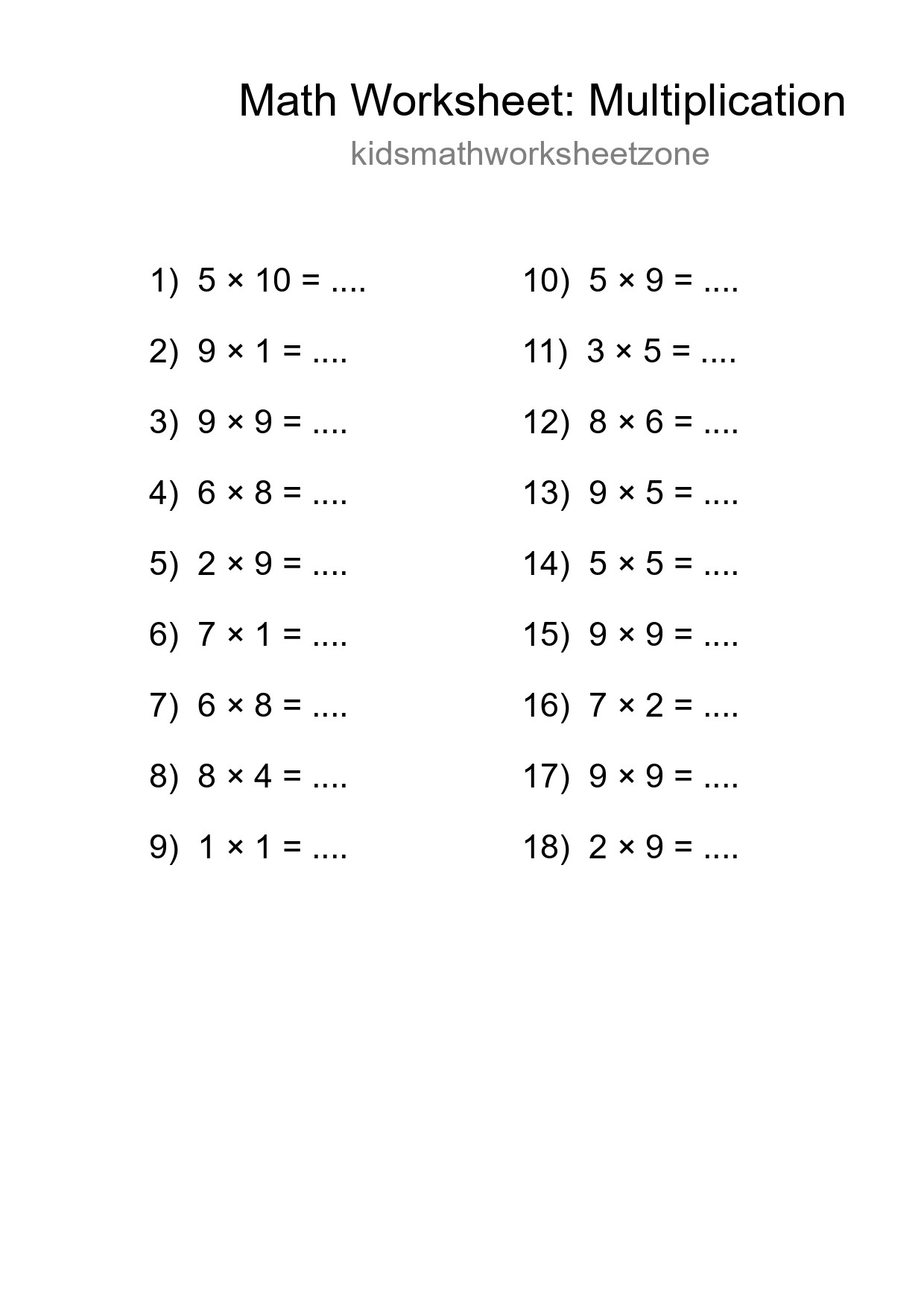 Free 18 Multiplication Math Worksheet For Grade 1 - Part 18