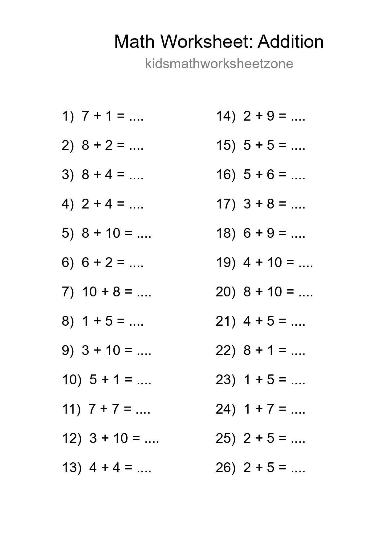 Free 26 Addition Math Worksheet For Grade 1 - Part 243