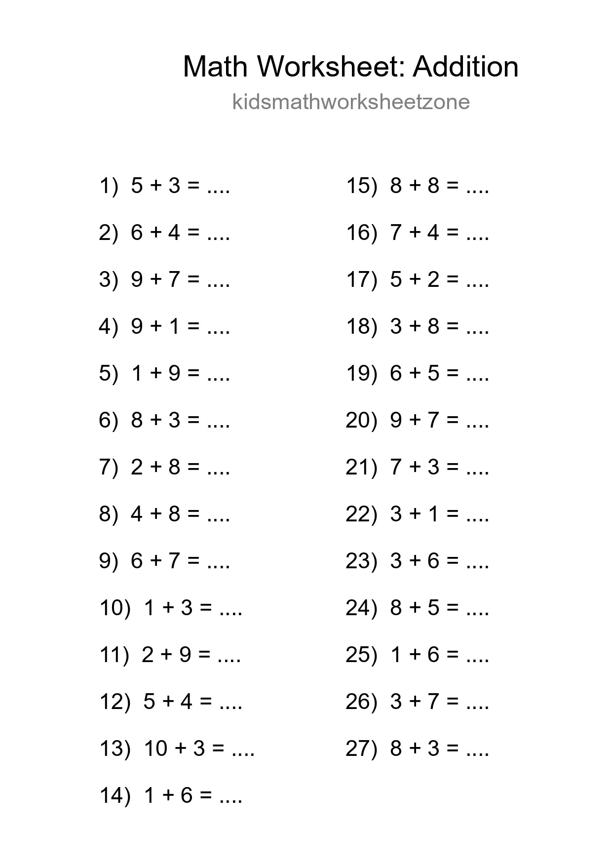 Free 27 Addition Math Worksheet For Grade 1 - Part 111