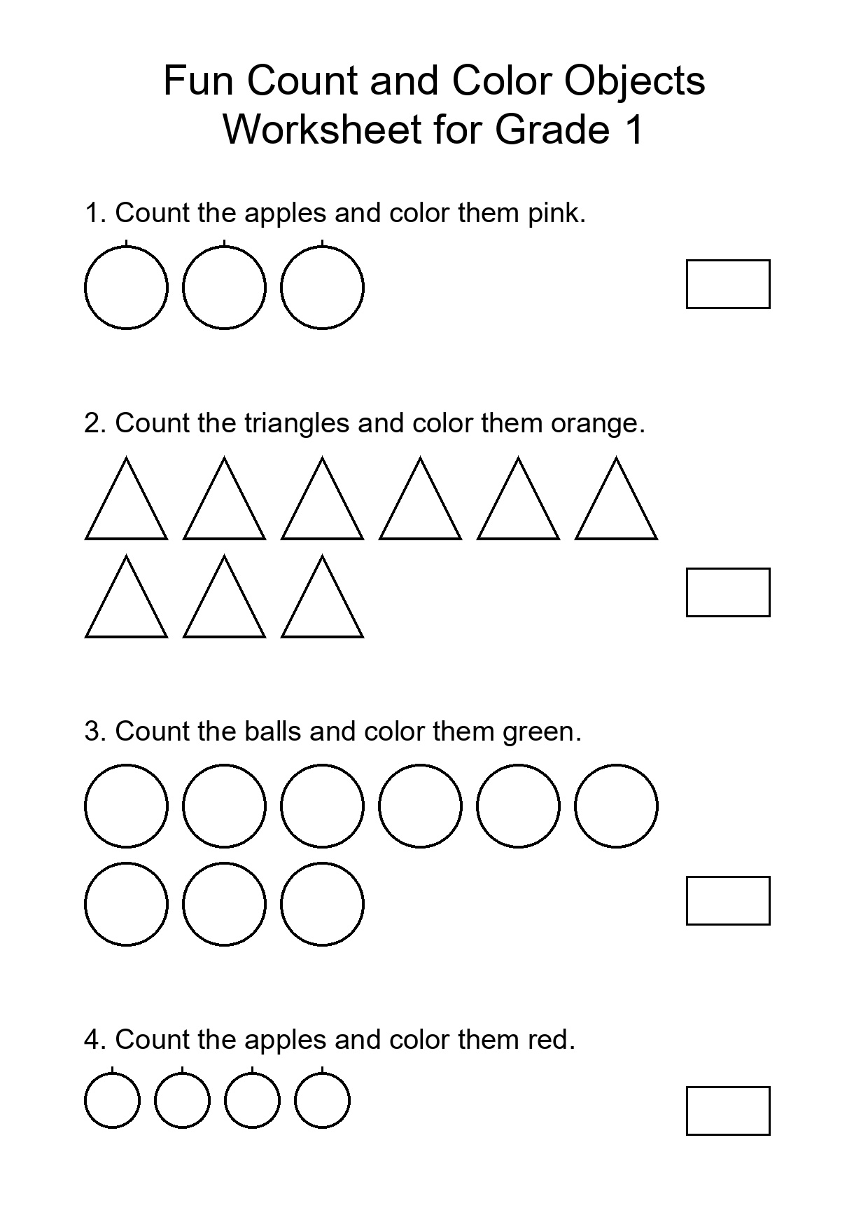 Fun Count and Color Objects Worksheet for Grade 1