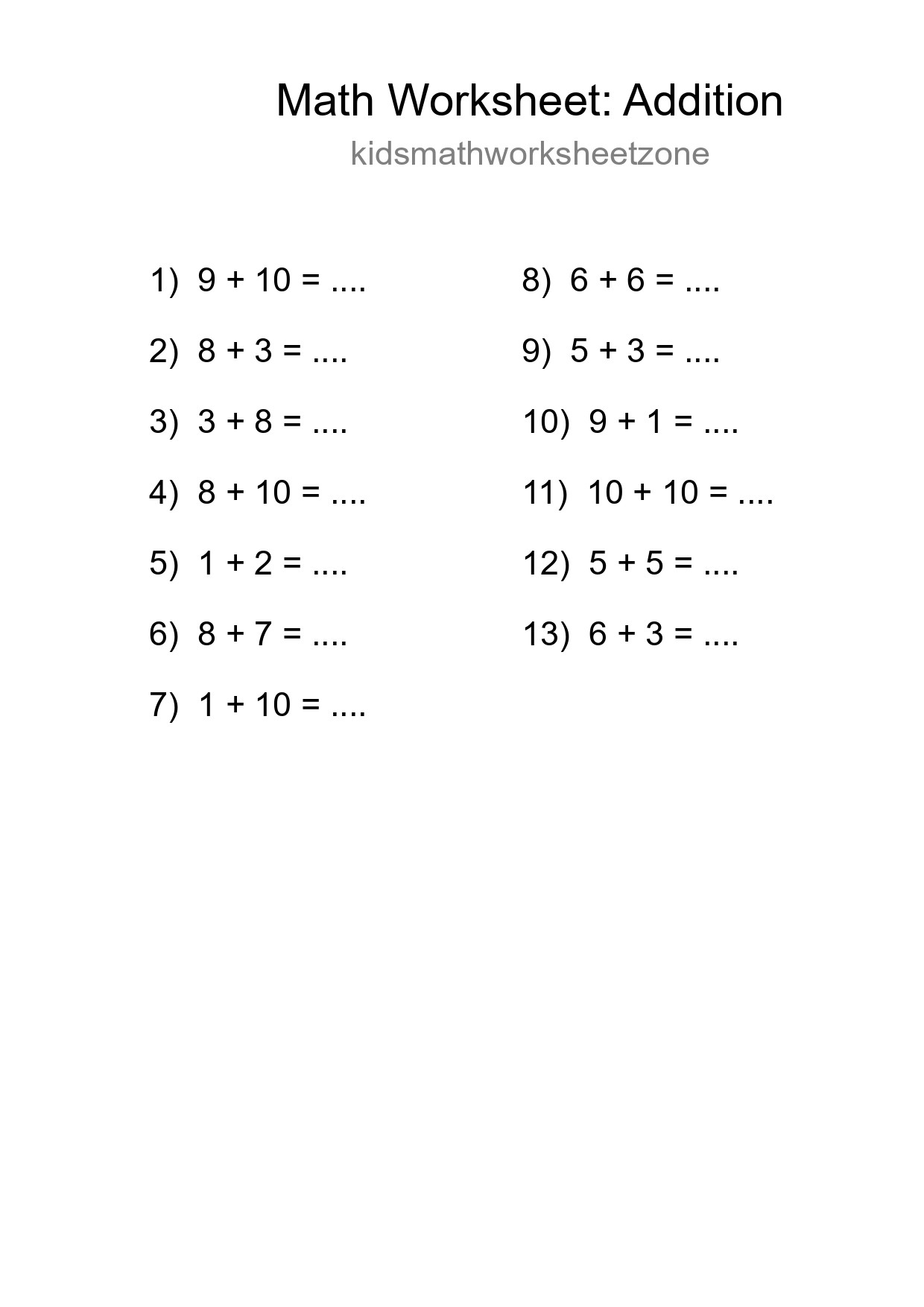 Grade 1 Addition Practice Worksheet (13 Problems) - Part 67