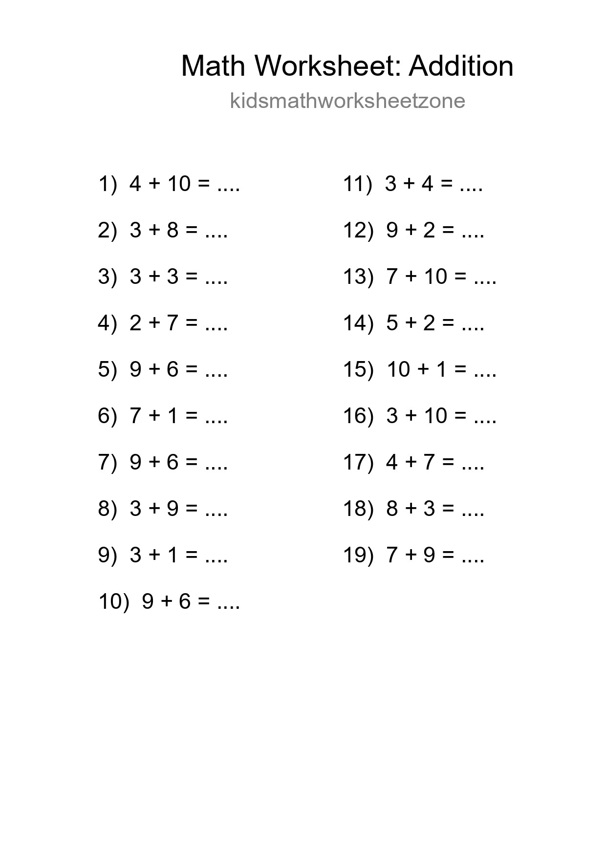 Grade 1 Addition Practice Worksheet (19 Problems) - Part 298