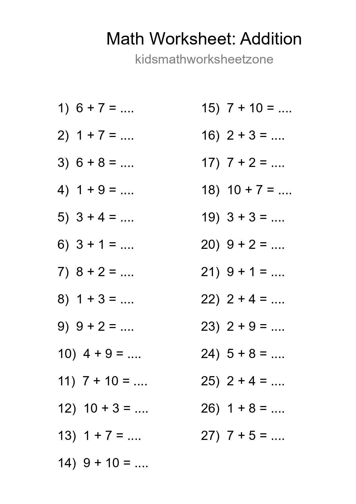 Grade 1 Addition Practice Worksheet (27 Problems) - Part 56