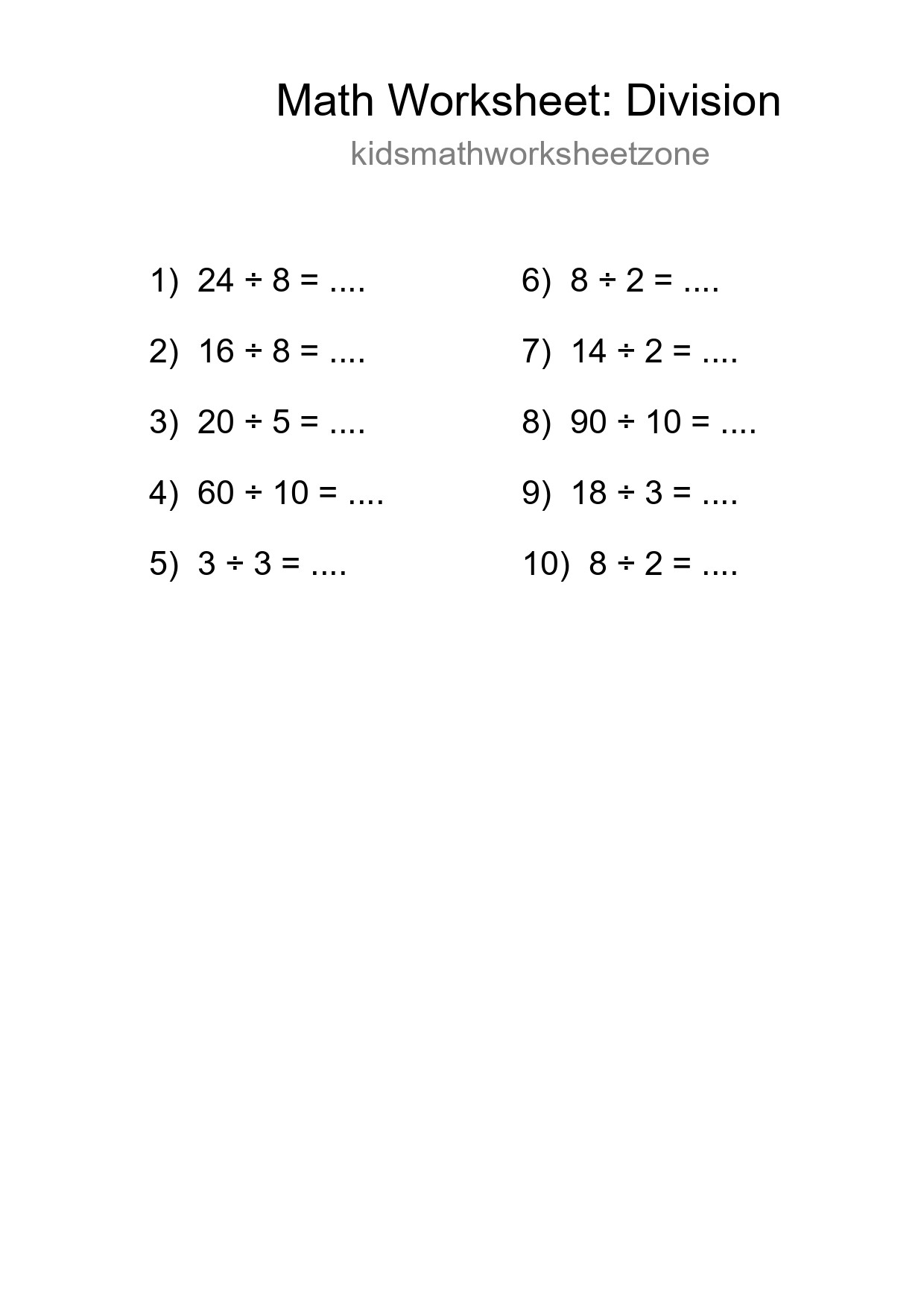 Grade 1 Division Practice Worksheet (10 Problems) - Part 158
