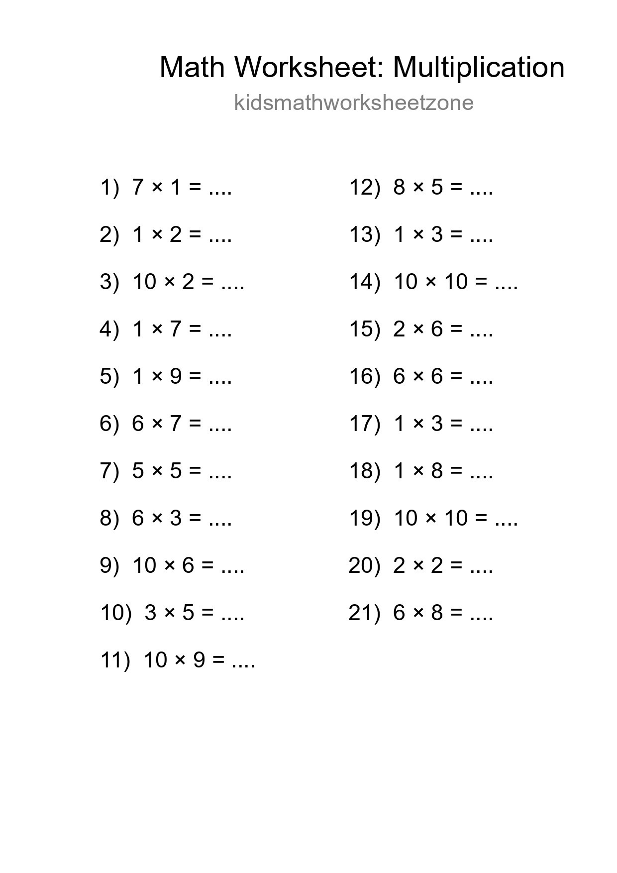 Grade 1 Multiplication Practice Worksheet (21 Problems) - Part 95
