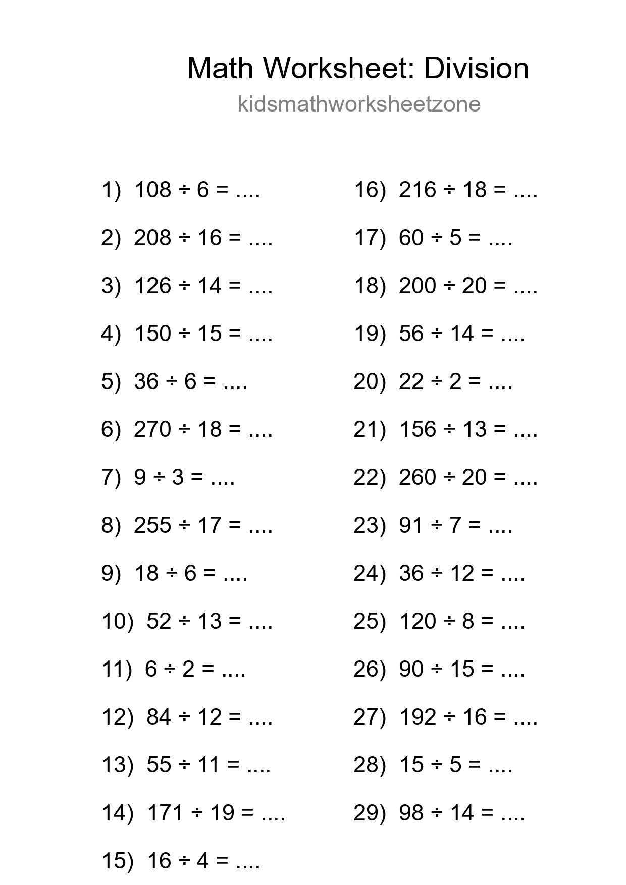 Grade 2 Division Practice Worksheet (29 Problems) - Part 257