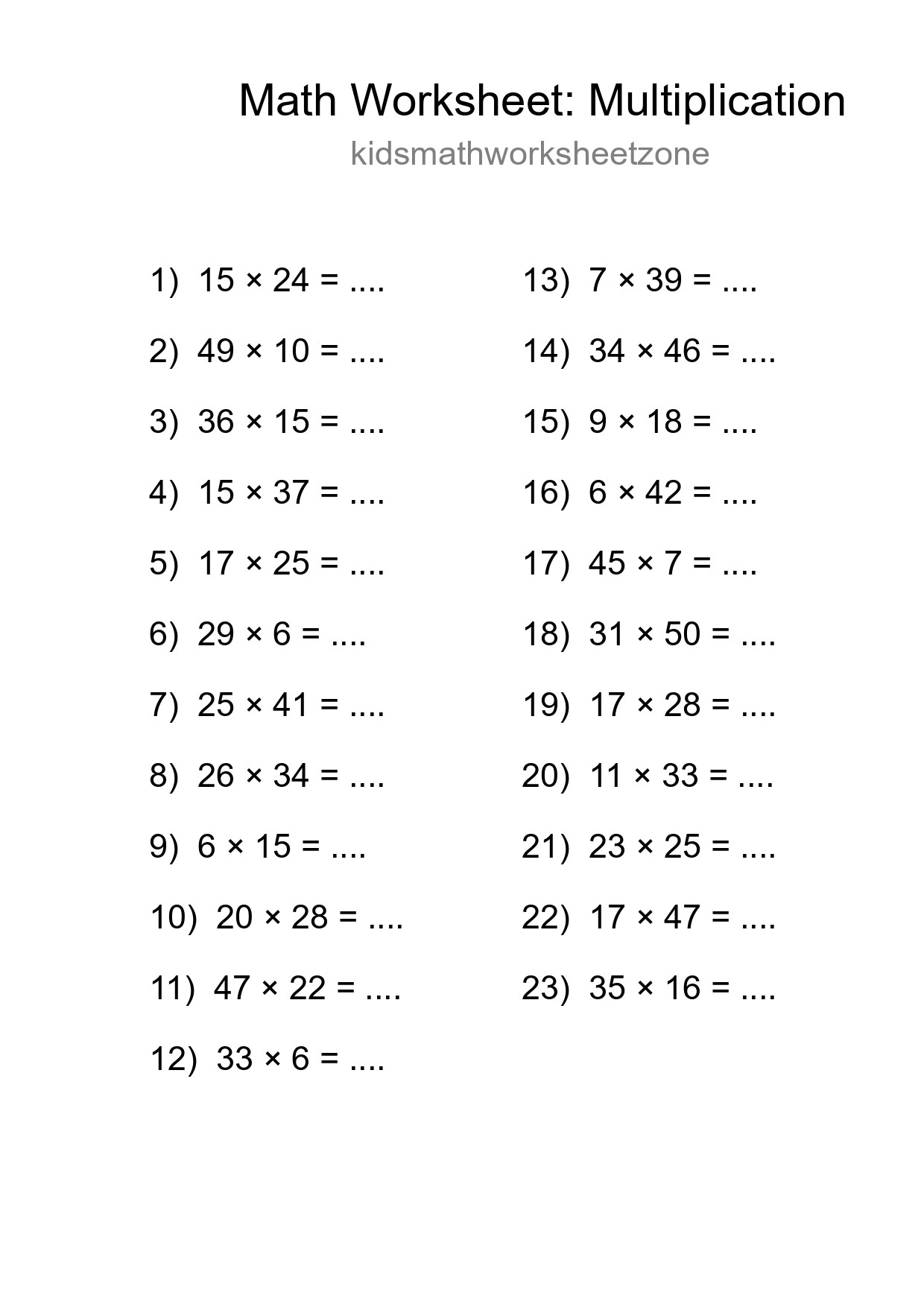 Grade 2 Multiplication Practice Worksheet (23 Problems) - Part 7