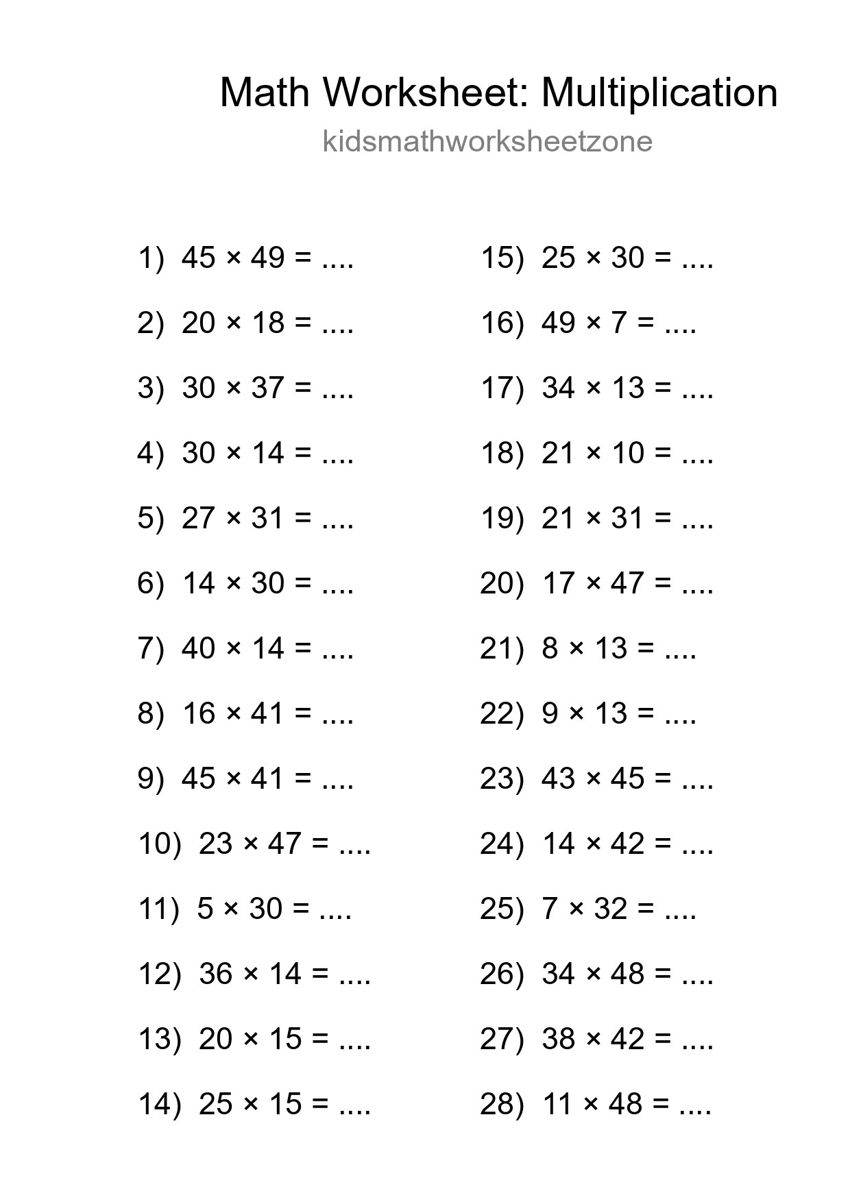 Grade 2 Multiplication Practice Worksheet (28 Problems) - Part 227