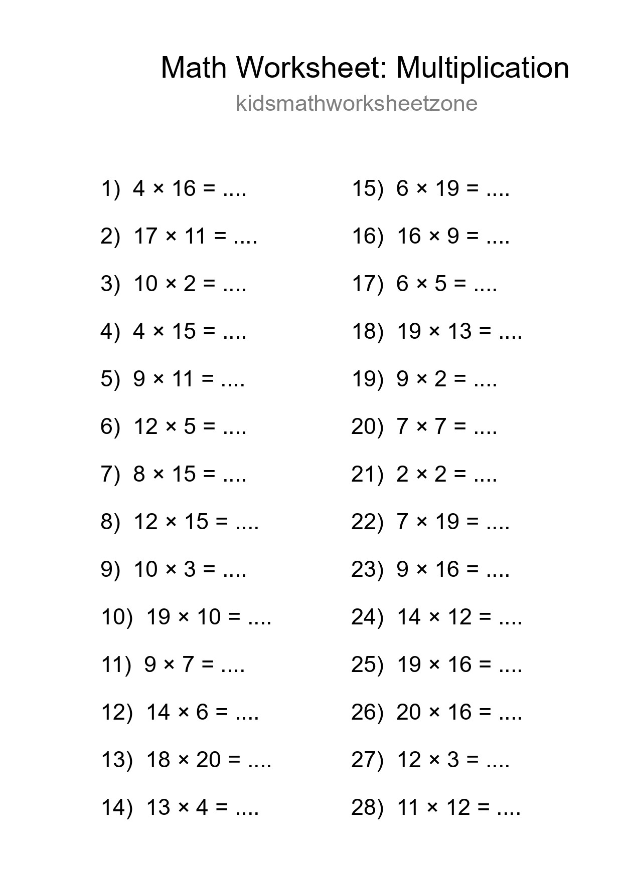 Grade 2 Multiplication Practice Worksheet (28 Problems) - Part 73