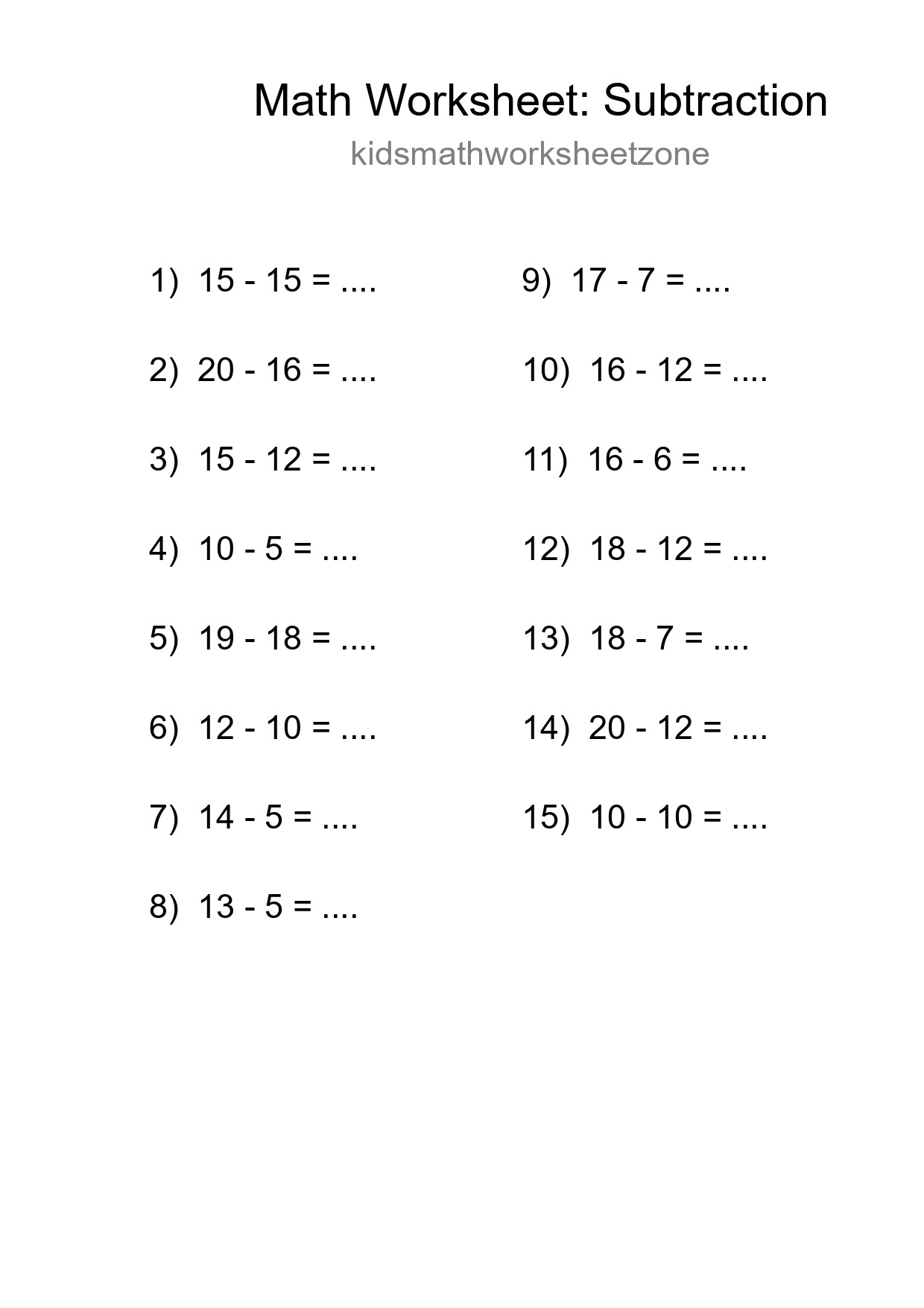 Grade 2 Subtraction Practice Worksheet (15 Problems) - Part 63