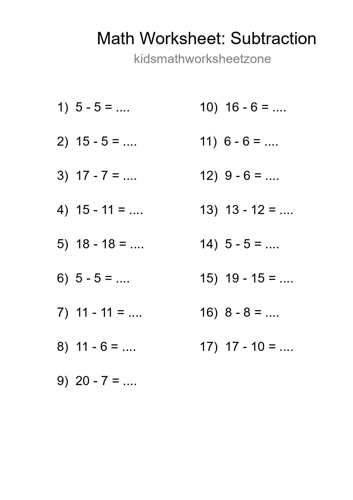Grade 2 Subtraction Practice Worksheet (17 Problems) - Part 206
