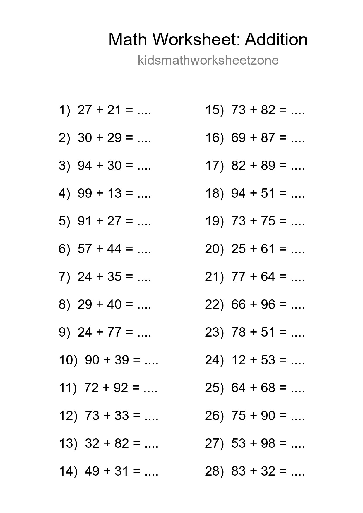 Grade 3 Addition Practice Worksheet (28 Problems) - Part 221