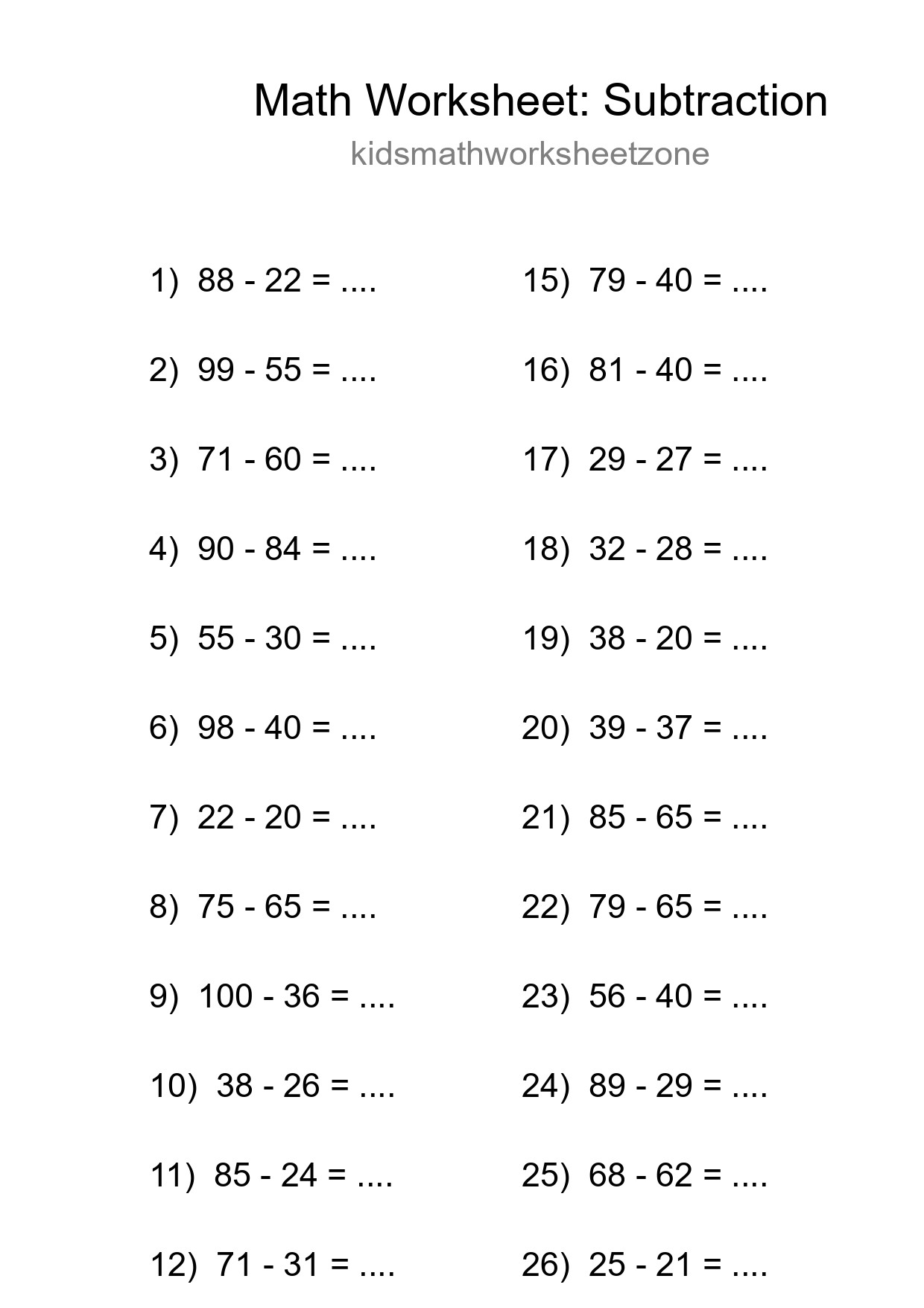 Grade 3 Subtraction Practice Worksheet (27 Problems) - Part 173