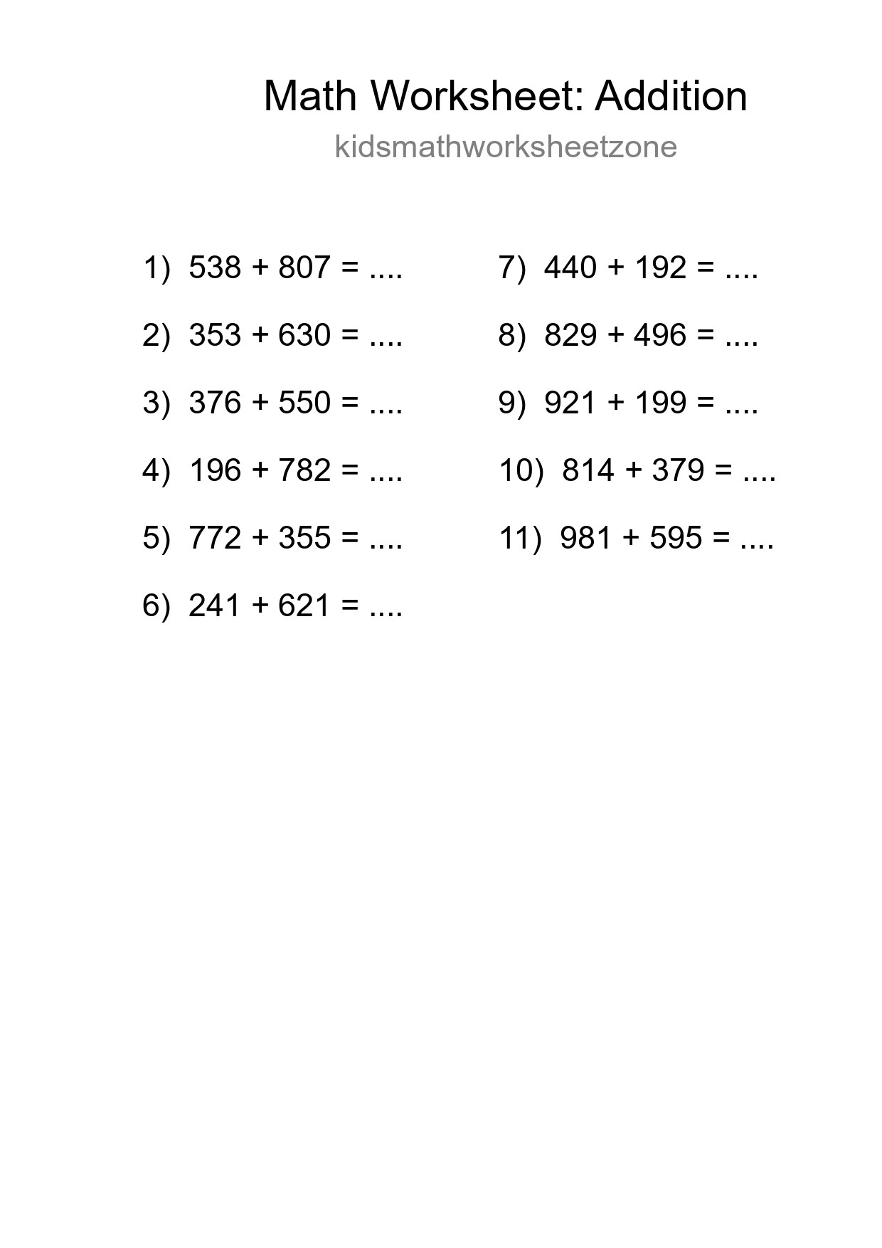 Grade 5 Addition Practice Worksheet (11 Problems) - Part 34