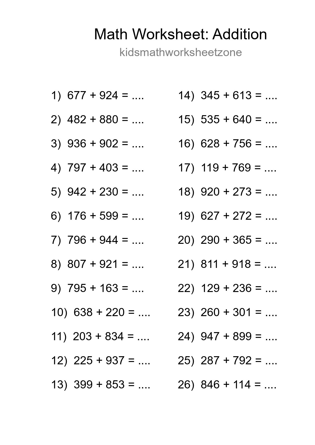 Grade 5 Addition Practice Worksheet (26 Problems)