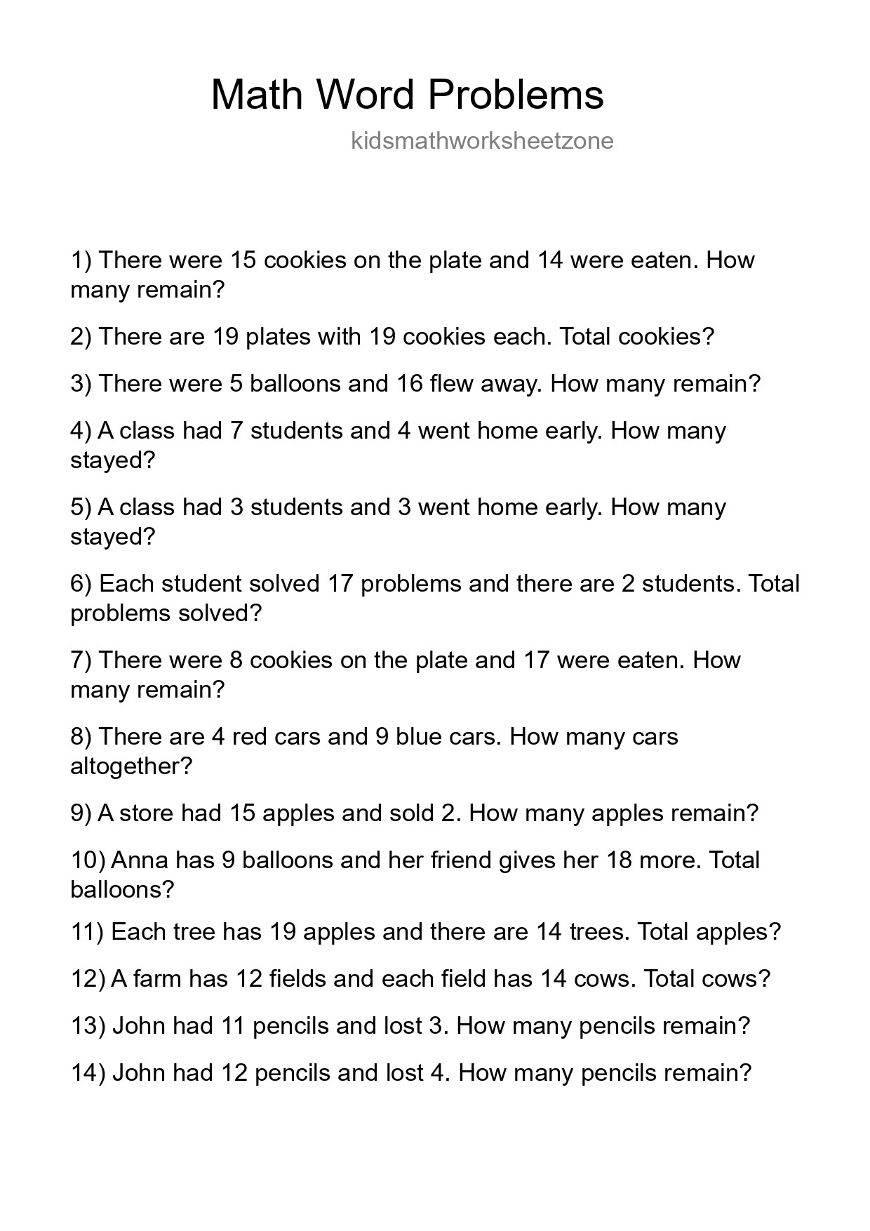 Math Word Problem Worksheet