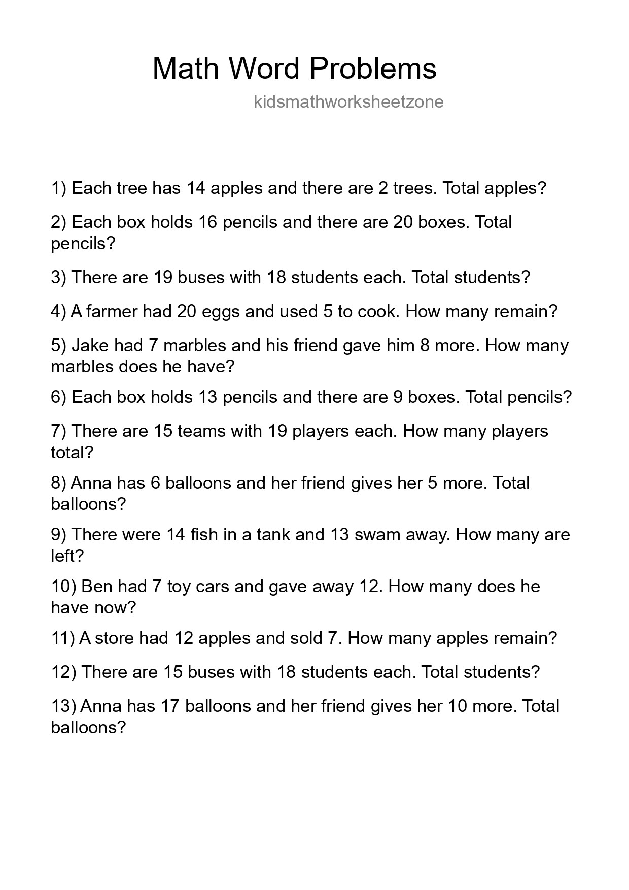 Math Word Problem Worksheet