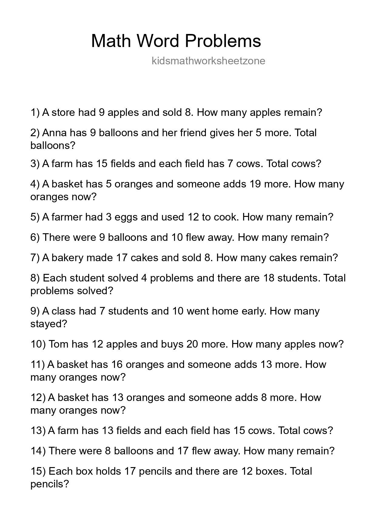 Math Word Problem Worksheet