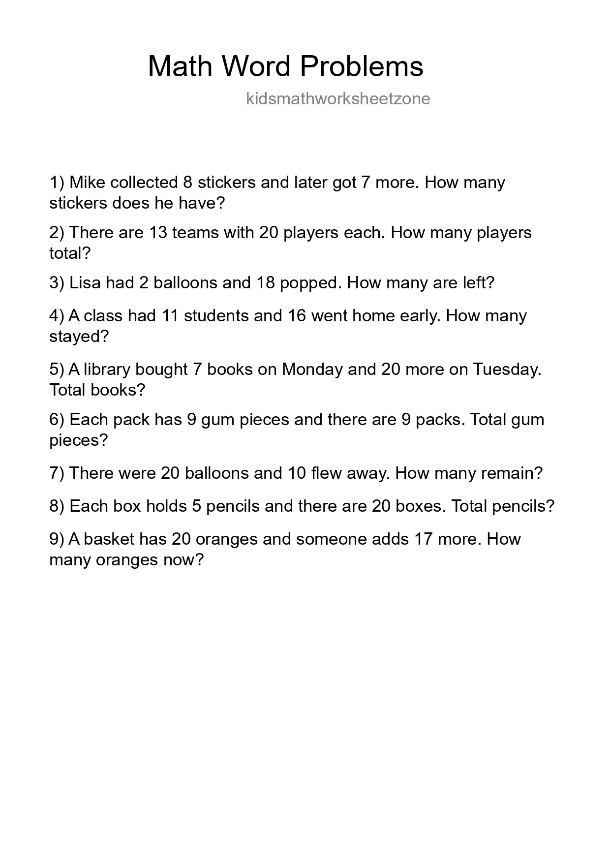 Math Word Problem Worksheet