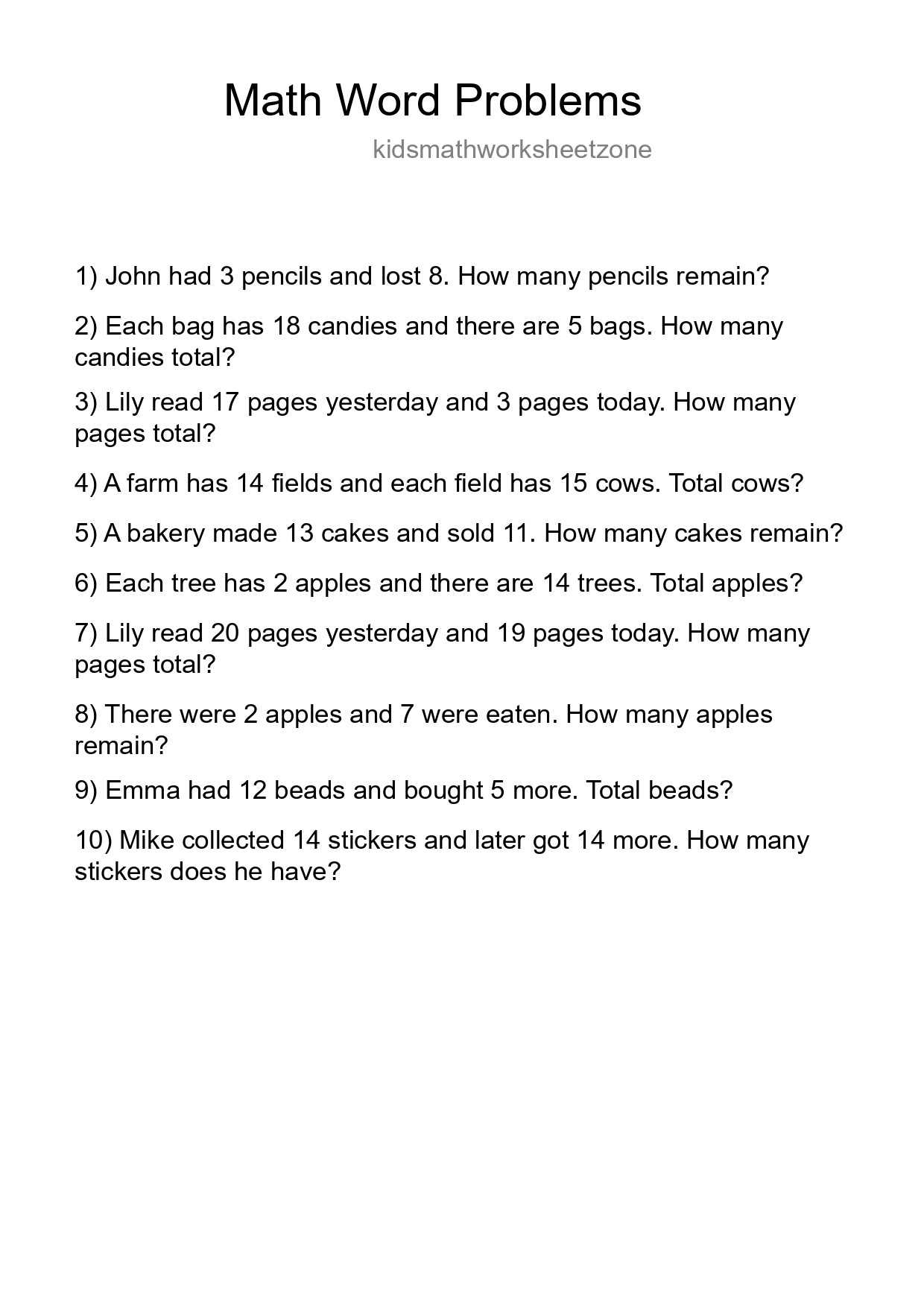 Math Word Problem Worksheet