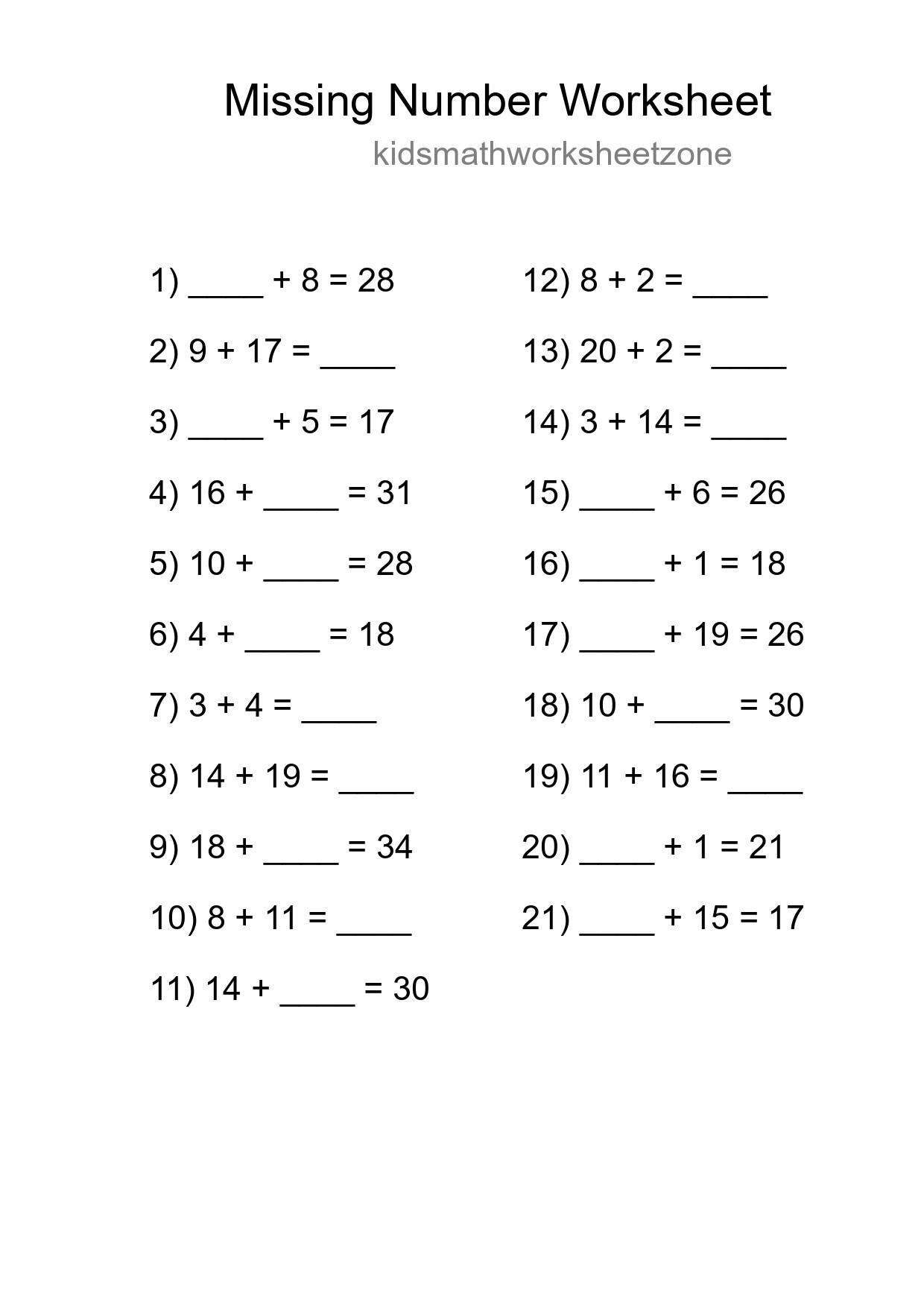 Missing Number Math Worksheet