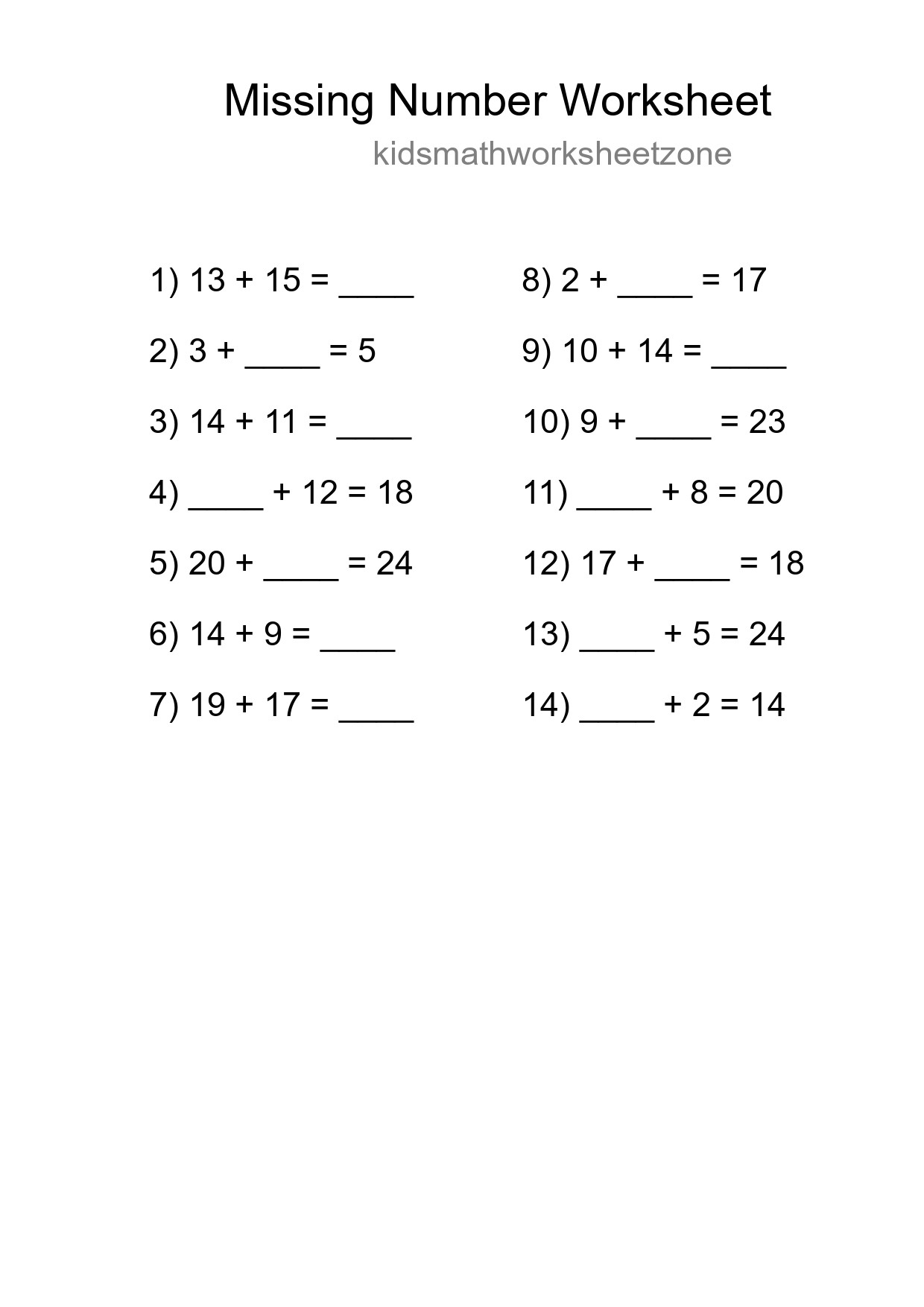 Missing Number Math Worksheet