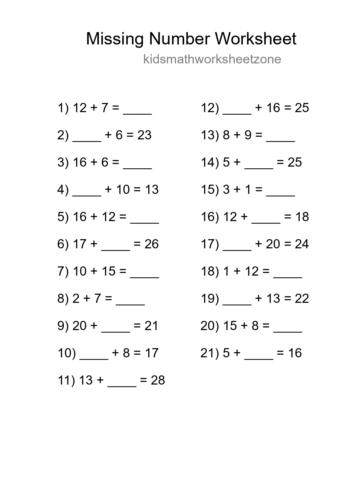 Missing Number Math Worksheet