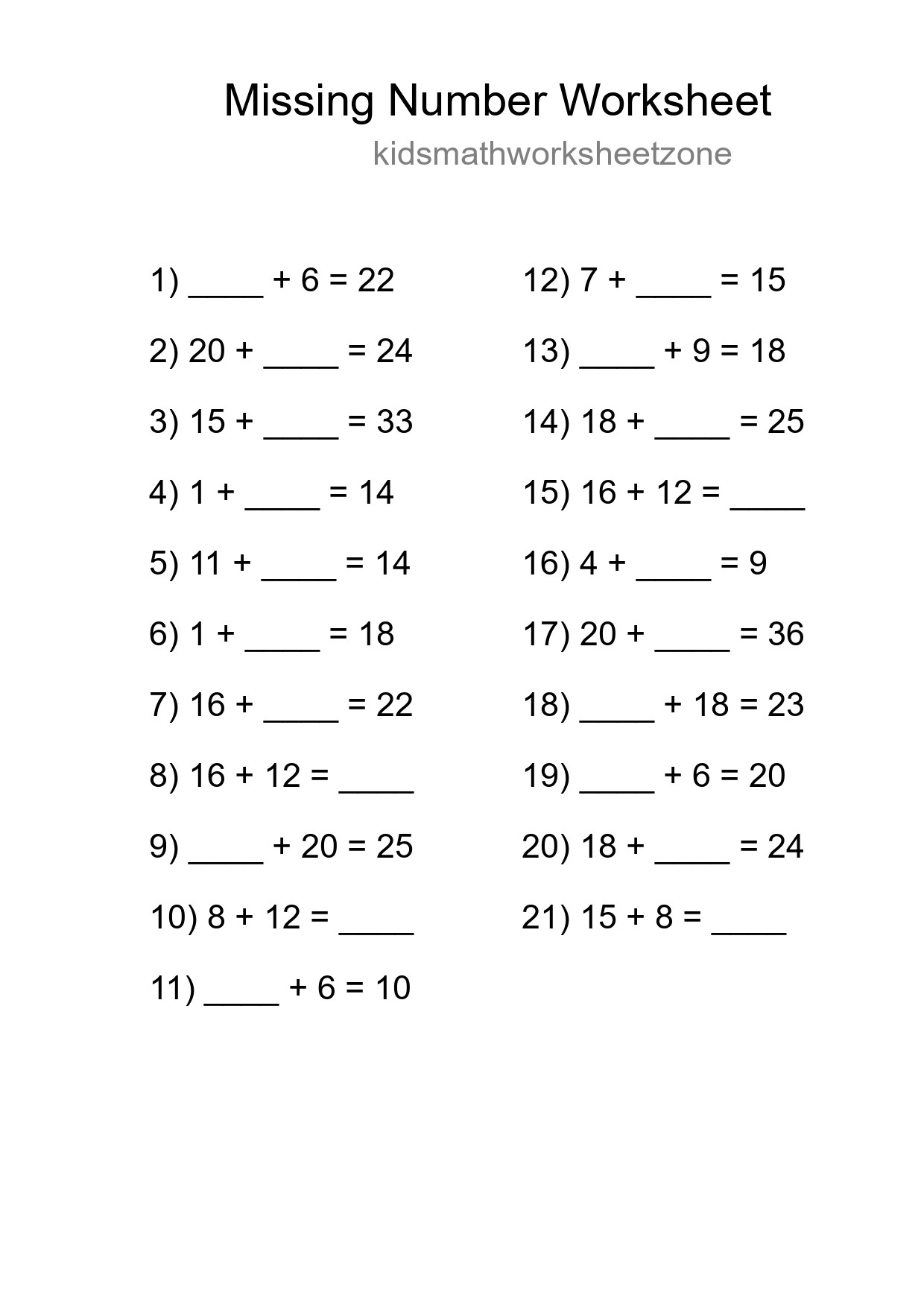 Missing Number Math Worksheet