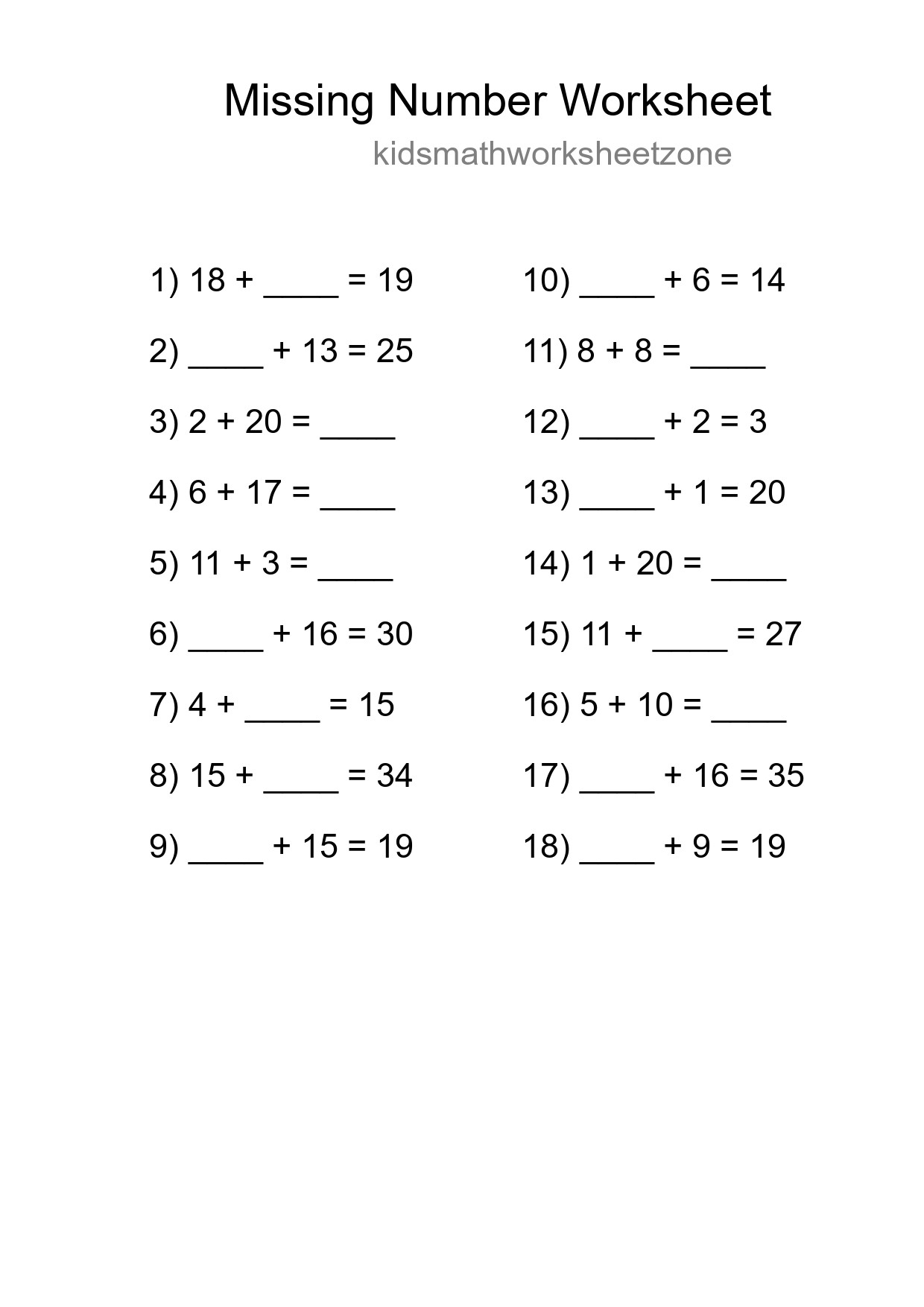 Missing Number Math Worksheet