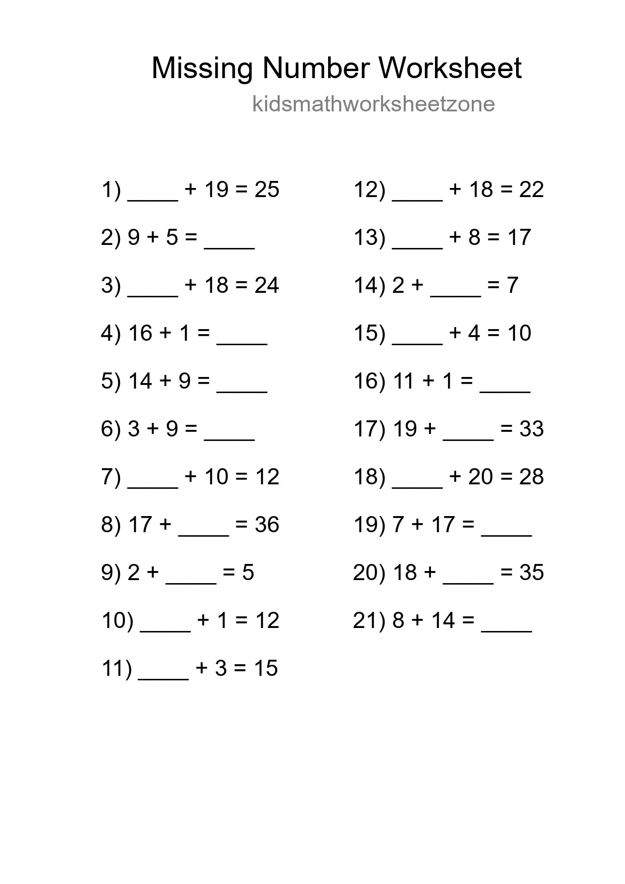 Missing Number Math Worksheet