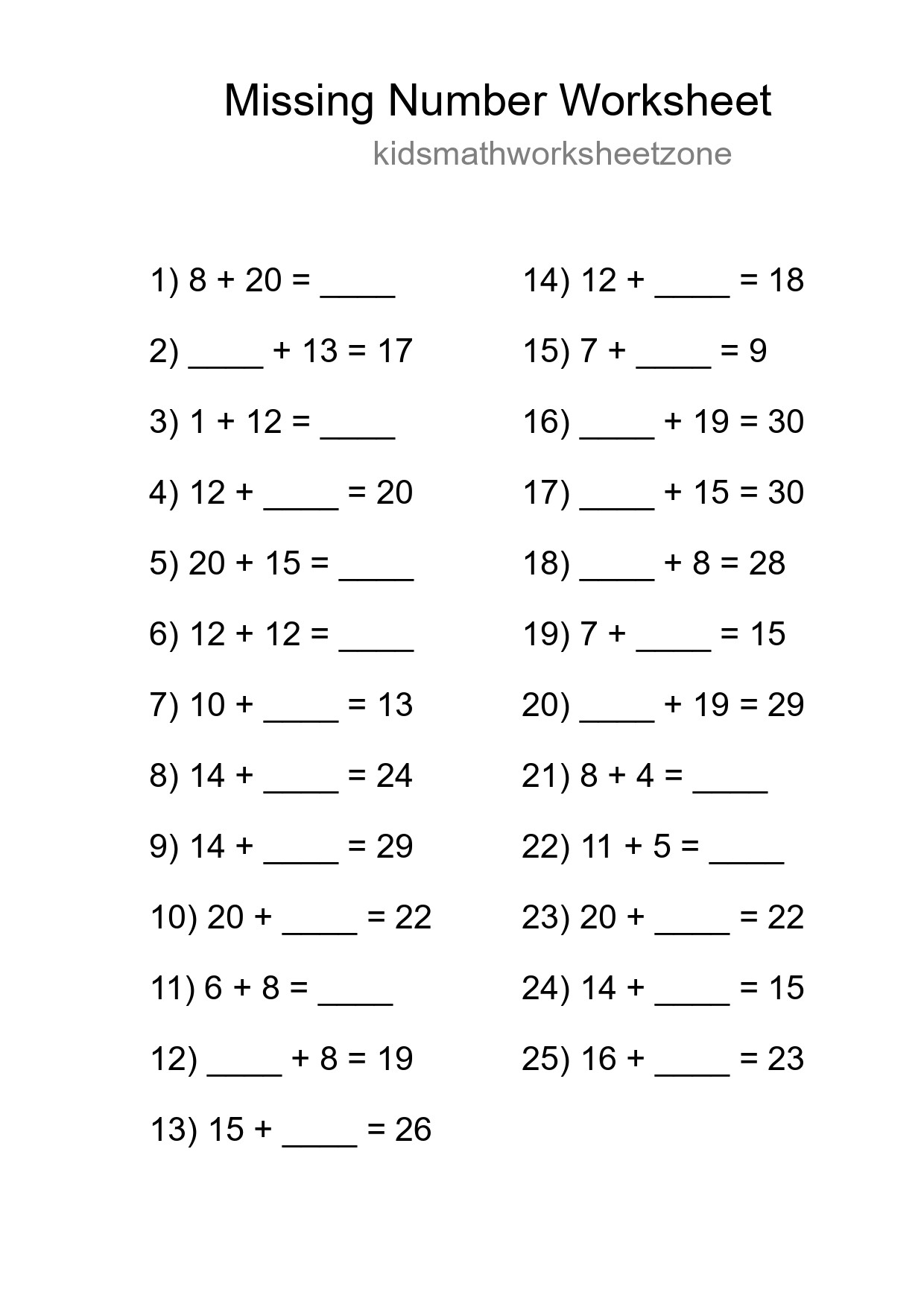 Missing Number Math Worksheet
