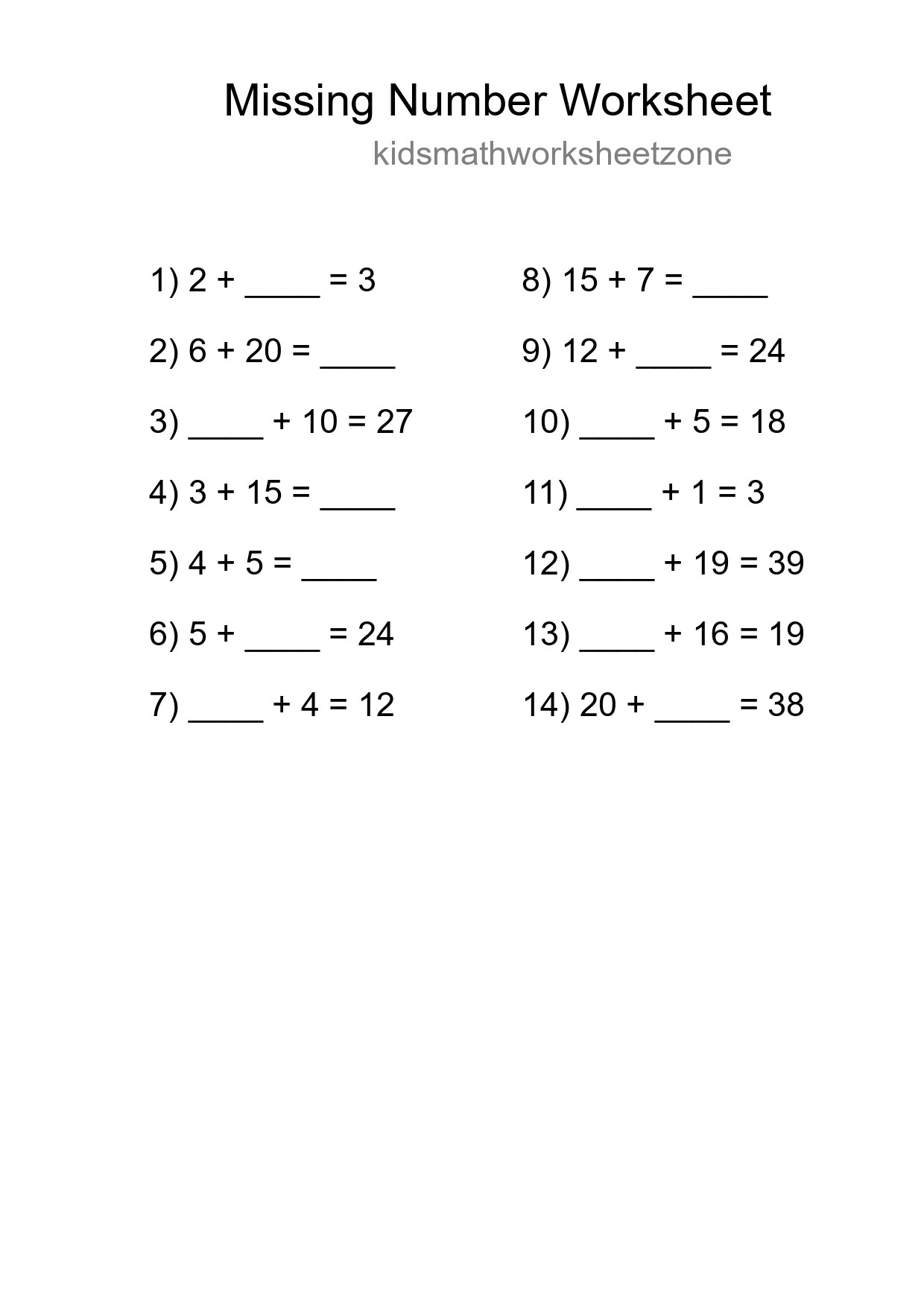 Missing Number Math Worksheet