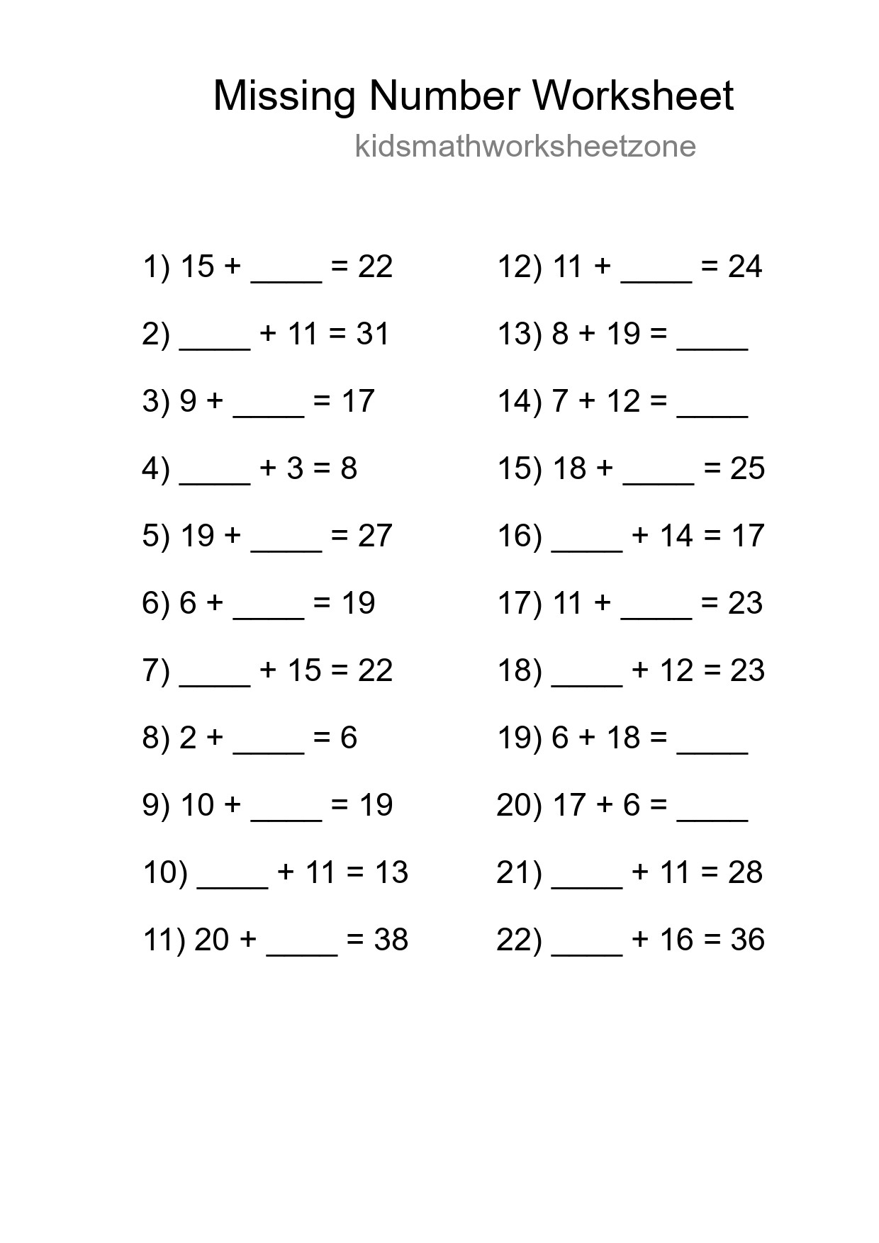 Missing Number Math Worksheet