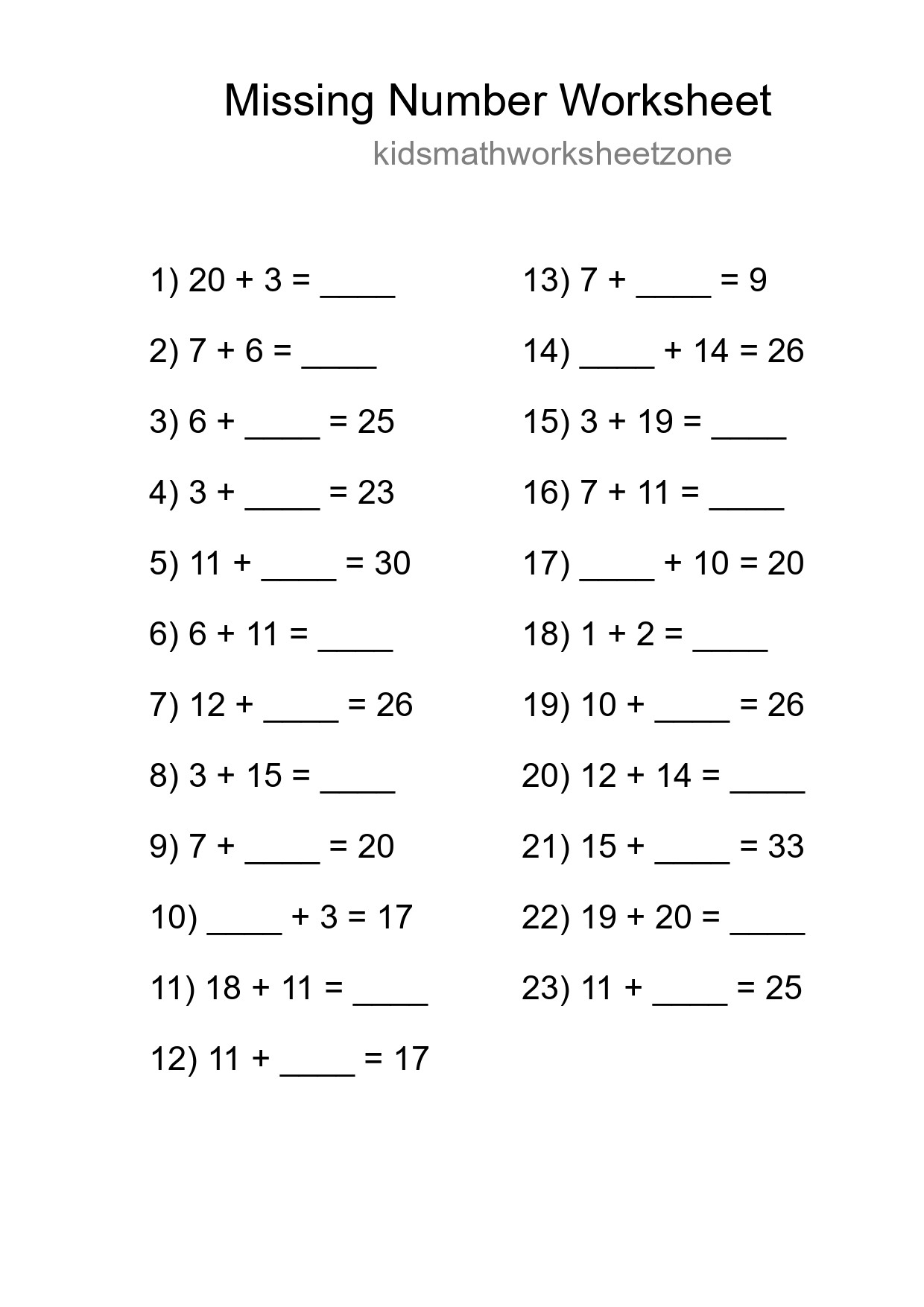 Missing Number Math Worksheet