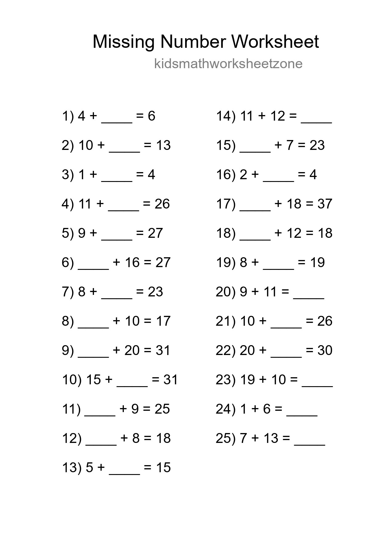 Missing Number Math Worksheet