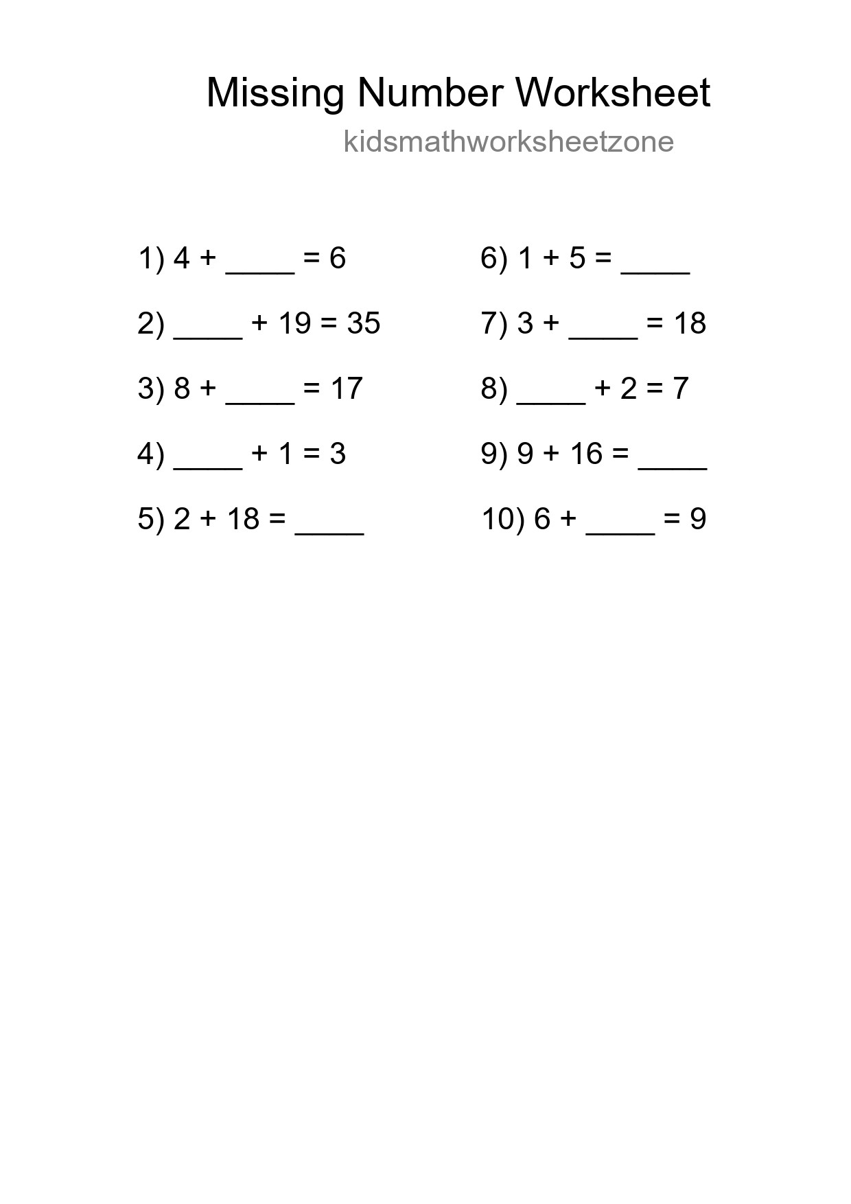 Missing Number Math Worksheet